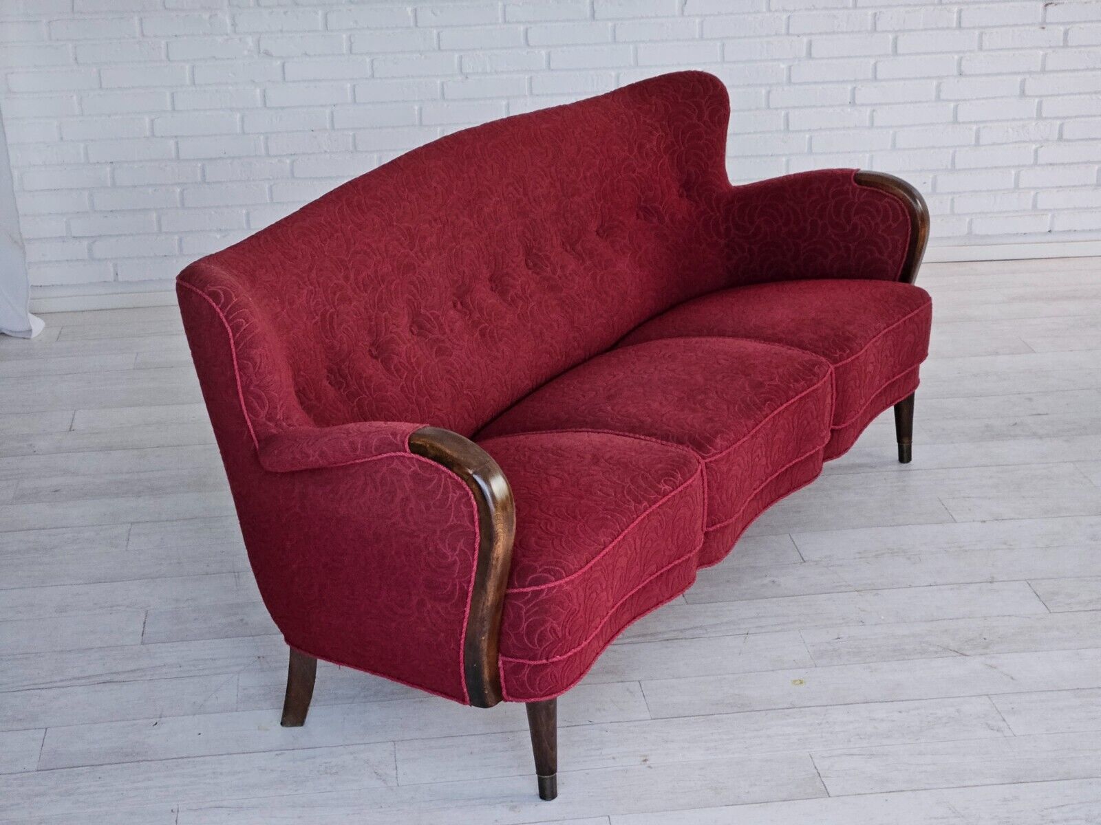 1950-60s Danish 3-seater sofa original condition red cotton/wool beech wood