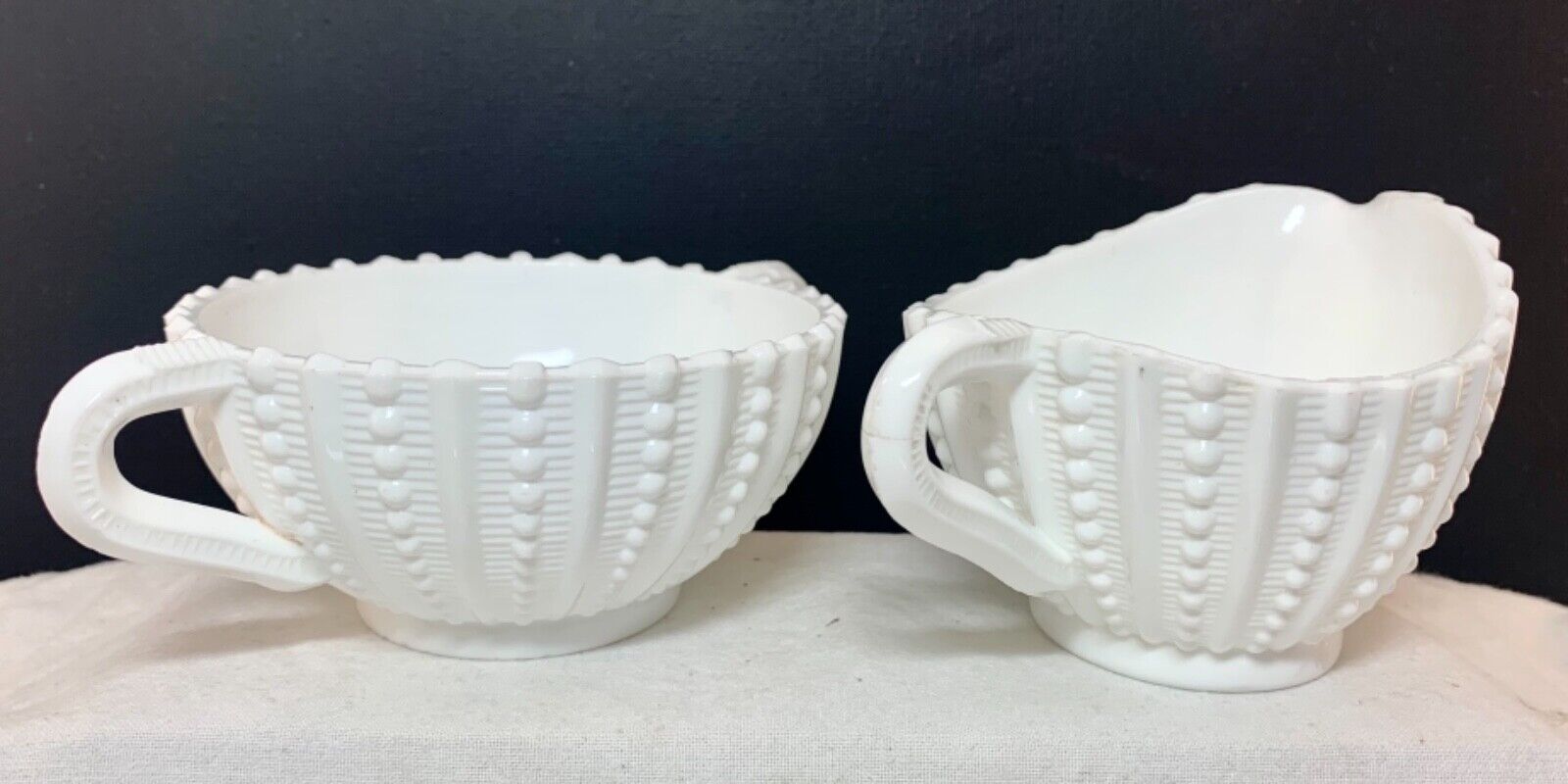 Vintage textured Milk glass sugar  creamer set with under-plate 20cm wide