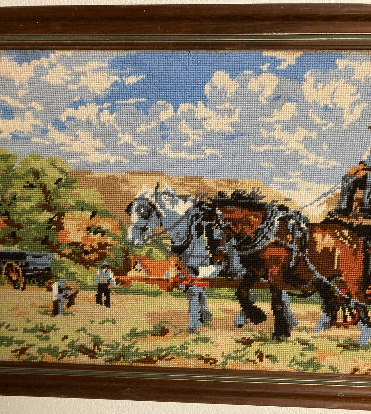 Danish Cross-Stitch Artwork Farmer with Horses Harvest Scene W82cm L44 Framed