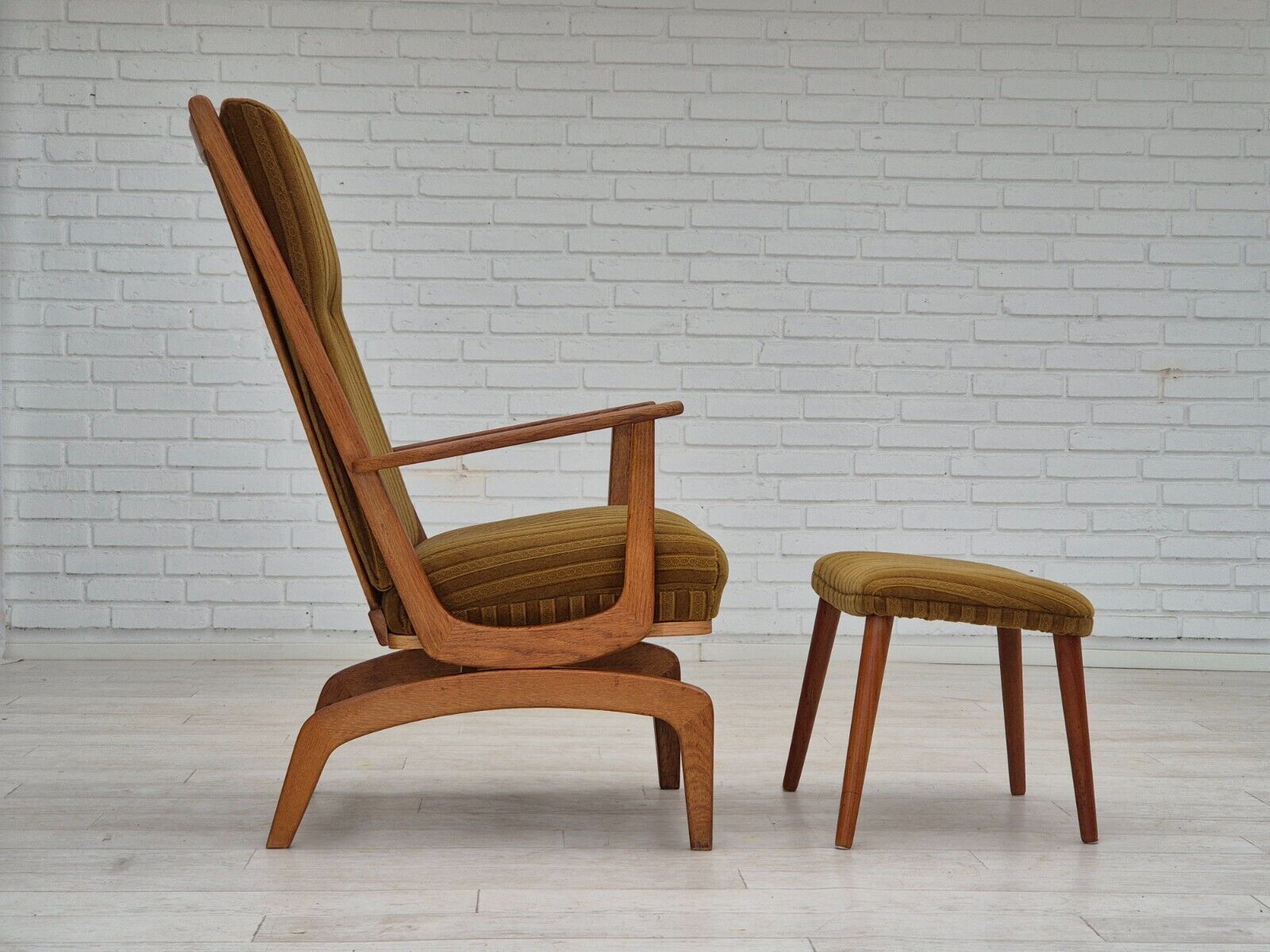 1960s Danish design oak wood rocking chair with footstool furniture wool