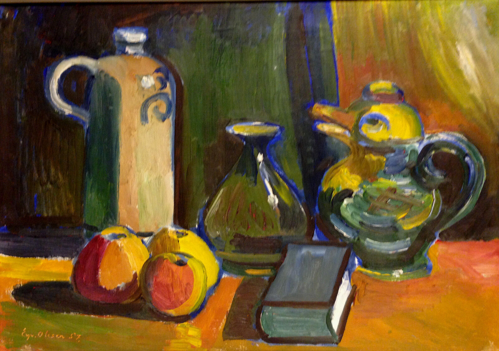 Eyvind Olesen (1907-1995): STILL LIFE WITH A DUCK-SHAPED JUG Dated 1957