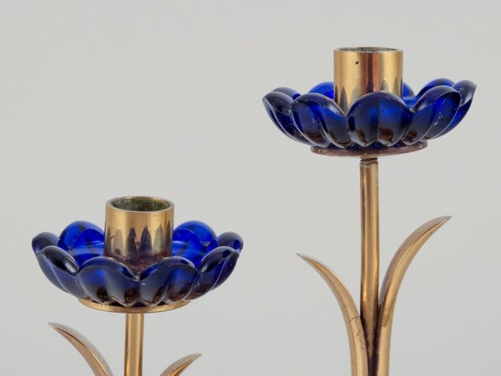 Gunnar Ander for Ystad Metall Candle holder in brass and blue art glass 1950s