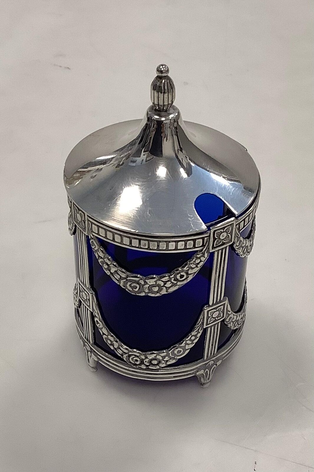 Blue Glass Mustard Jar with Sterling Silver Fitting and Lid Swedish Mema