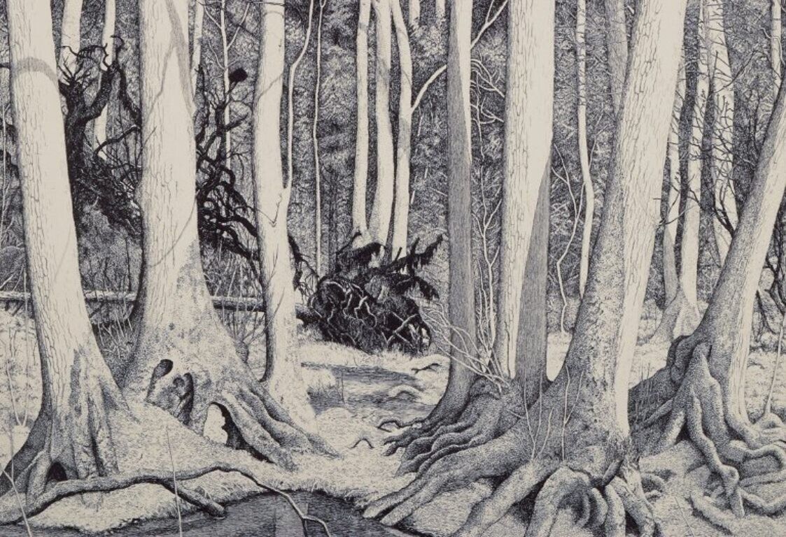 Eva Holmén-Edling (1942) Swedish artist Woodcut on Japan paper Forest scene