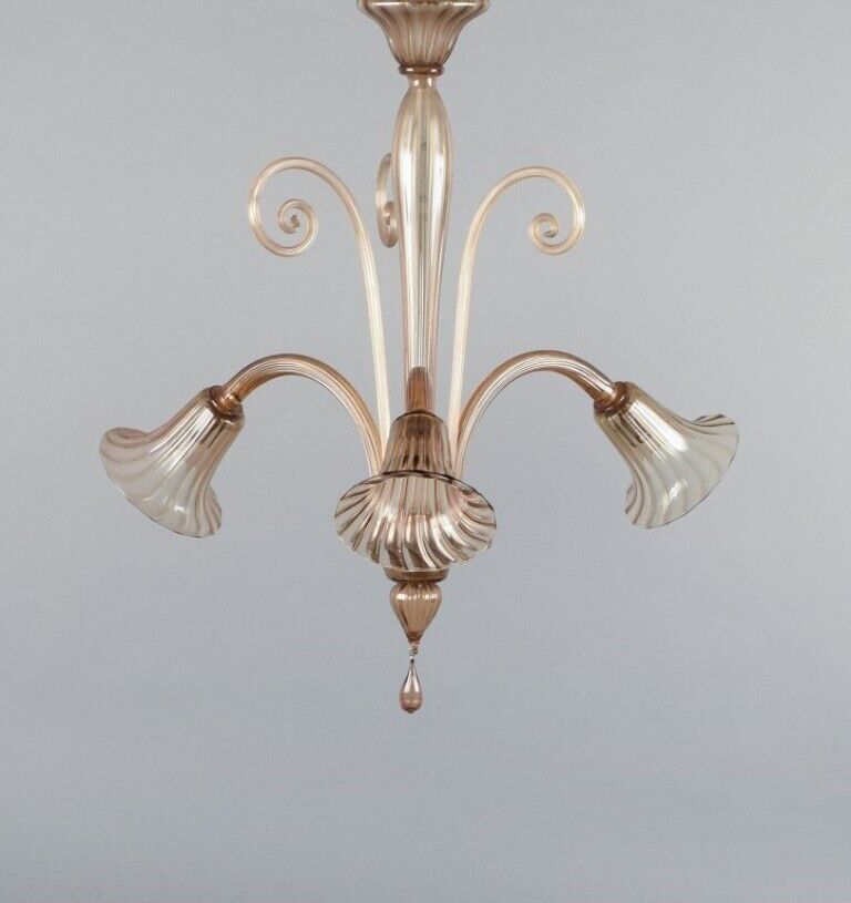 Murano elegant Art Deco ceiling lamp in mouth-blown glass three bulbs