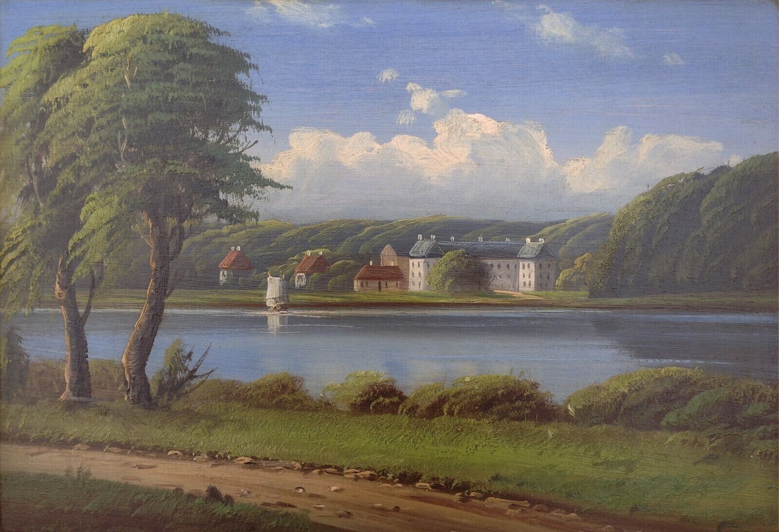 Manor house by the lake Antique oil painting