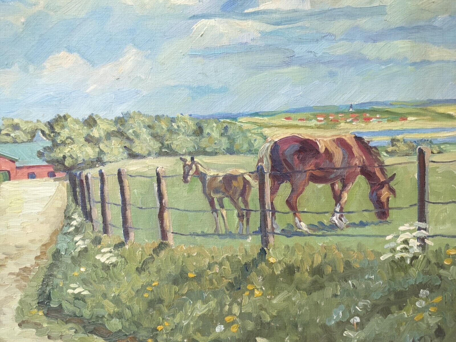 SUMMER PASTURE WITH HORSES AND (ONLY) ONE SWALLOW Original oil Dated 1940