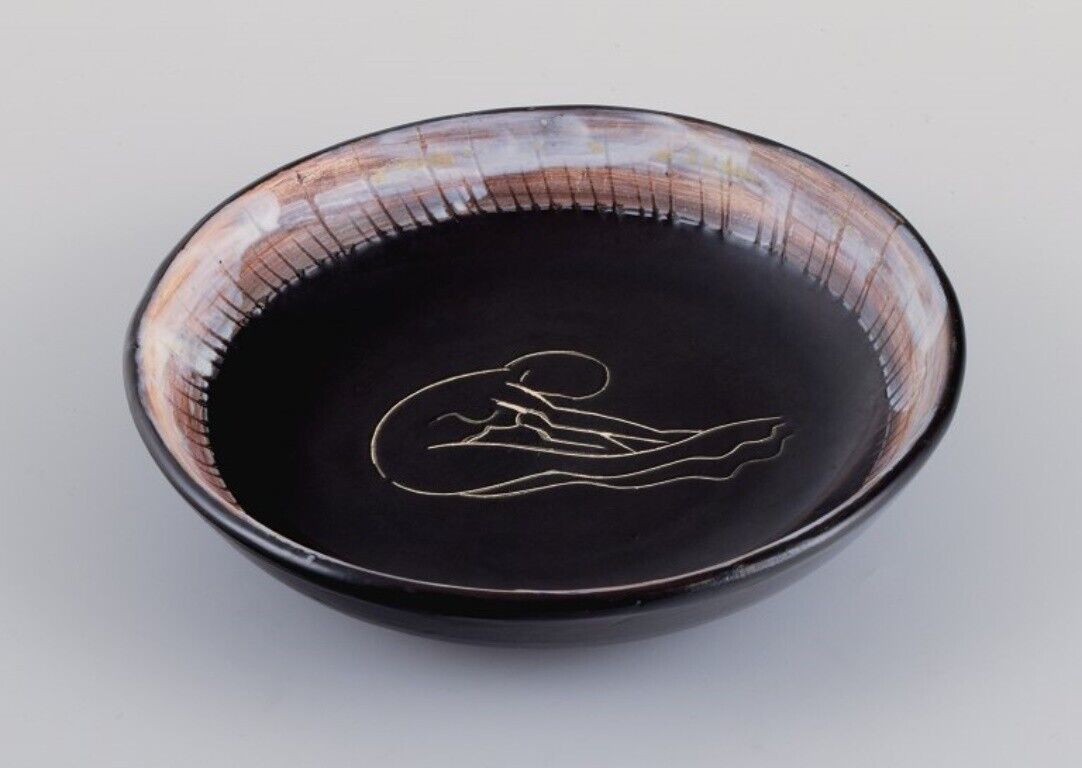 Vallauris France unique ceramic bowl in black glaze with female motif