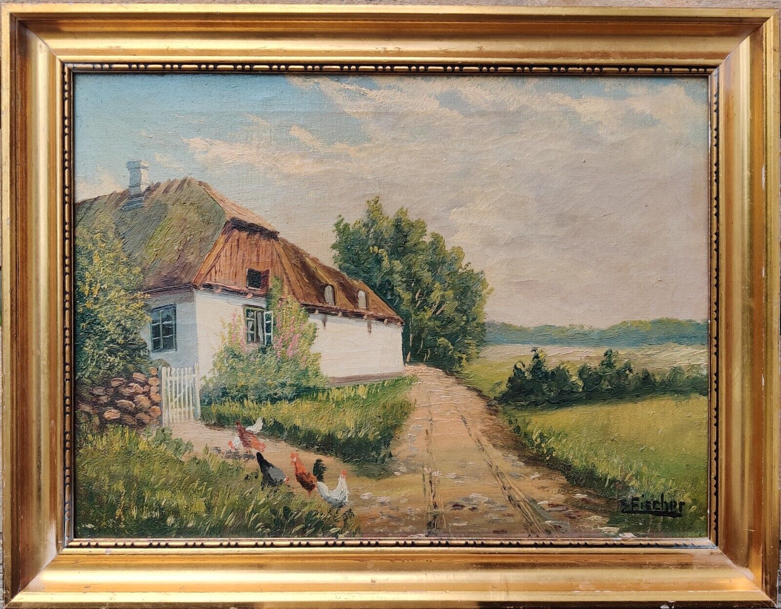 Edmund Fischer (1889-1952): CHICKEN AT FARMHOUSE original oil painting