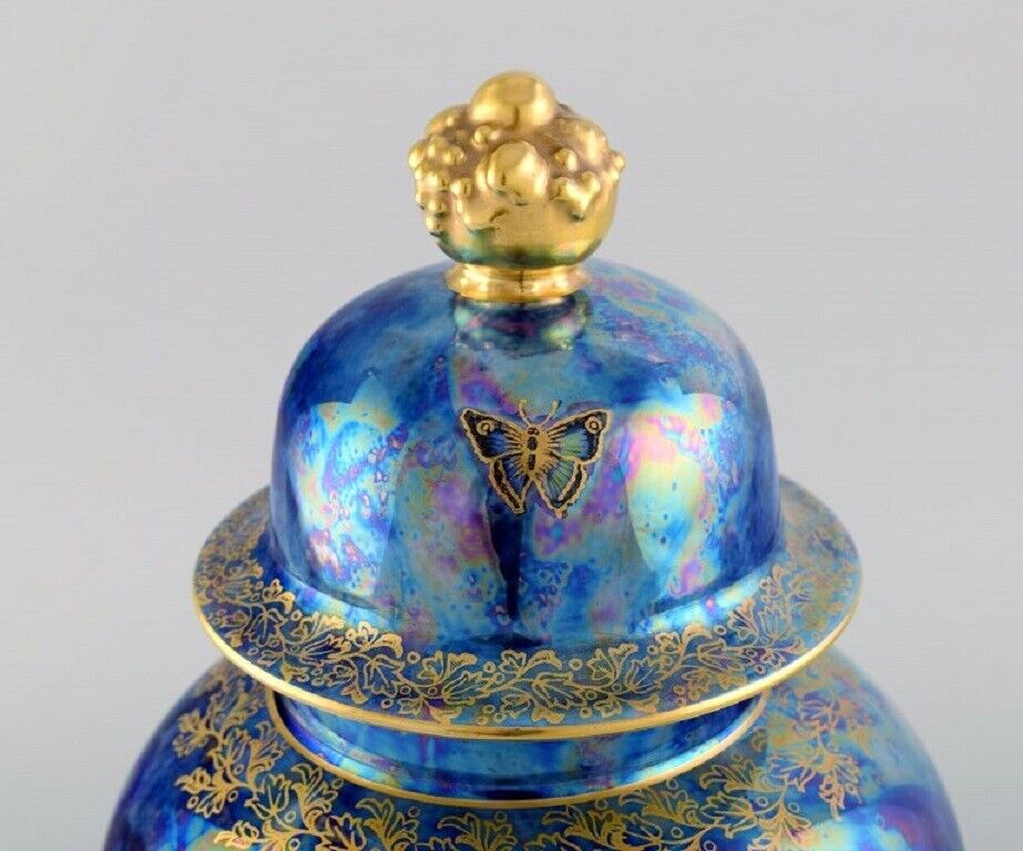 Large Rosenthal lidded jar in blue glazed porcelain with hand-painted fruits