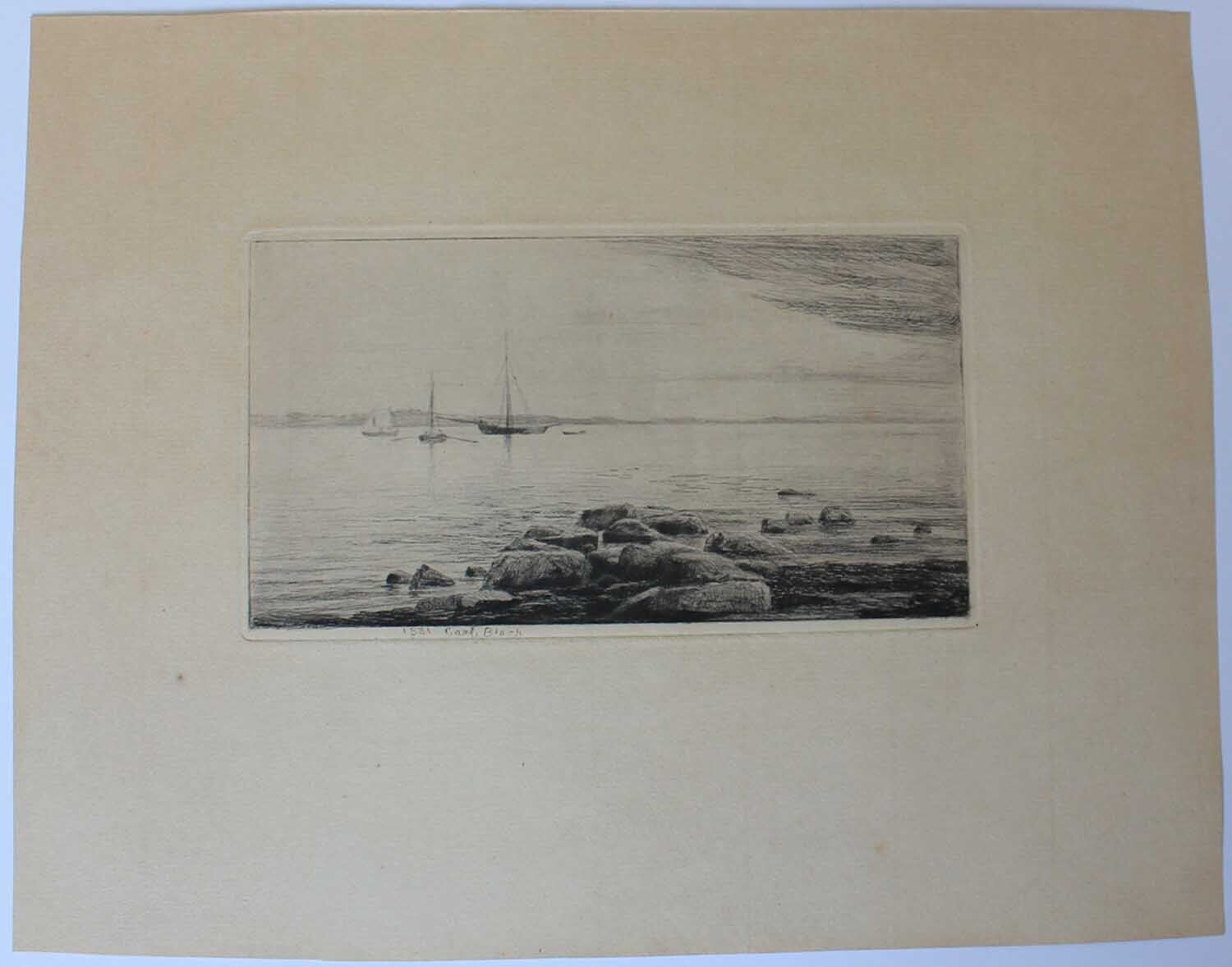 Carl Bloch etching Shore at Hellebaek in quiet weather with ships 1881