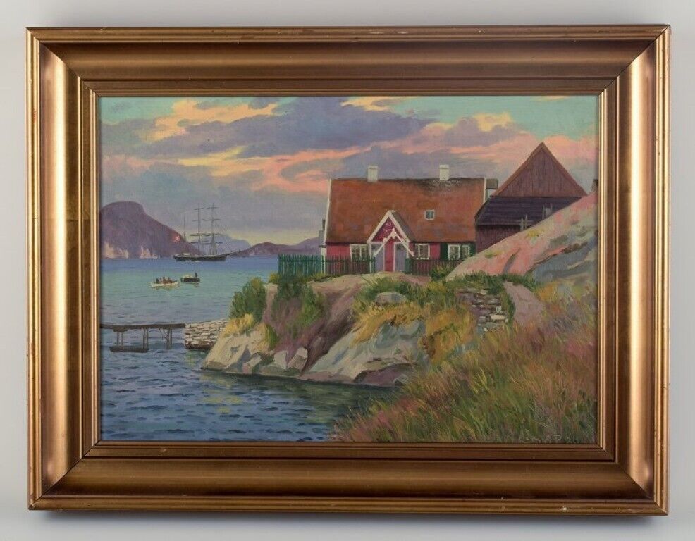 Emanuel Aage Petersen (1894-1948) Oil painting on canvas Greenlandic village