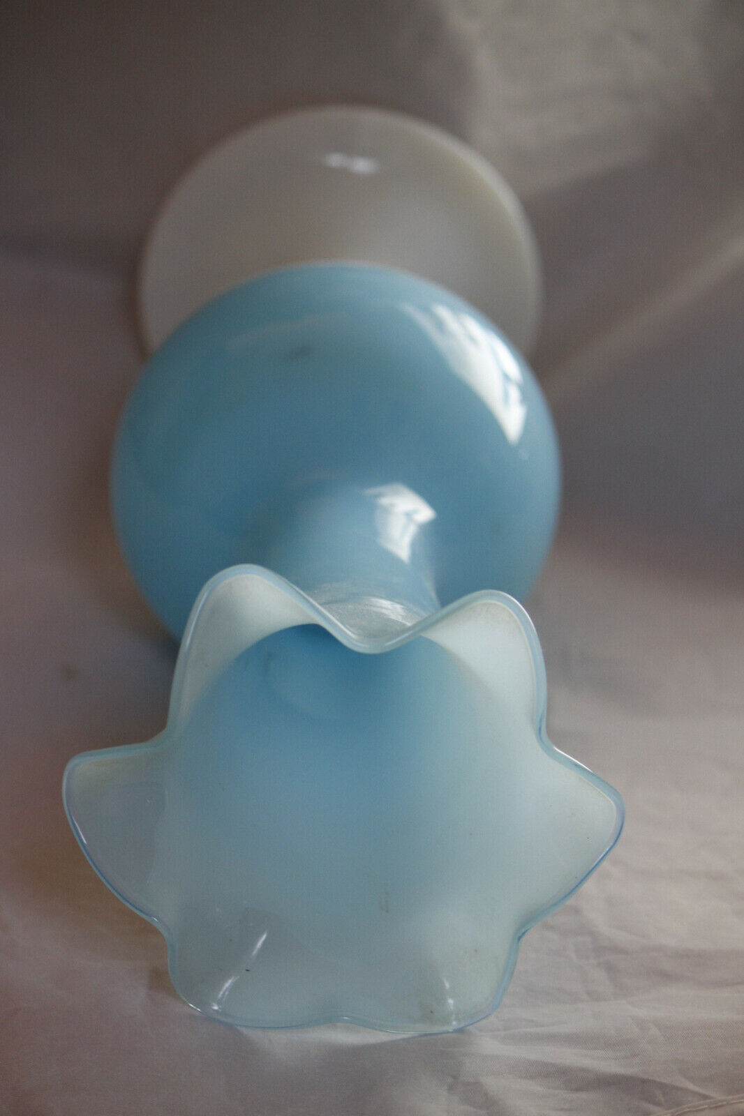 Large Vintage Italian Blue Opaline Vase Scalloped White Base Empoli 35cm 138in