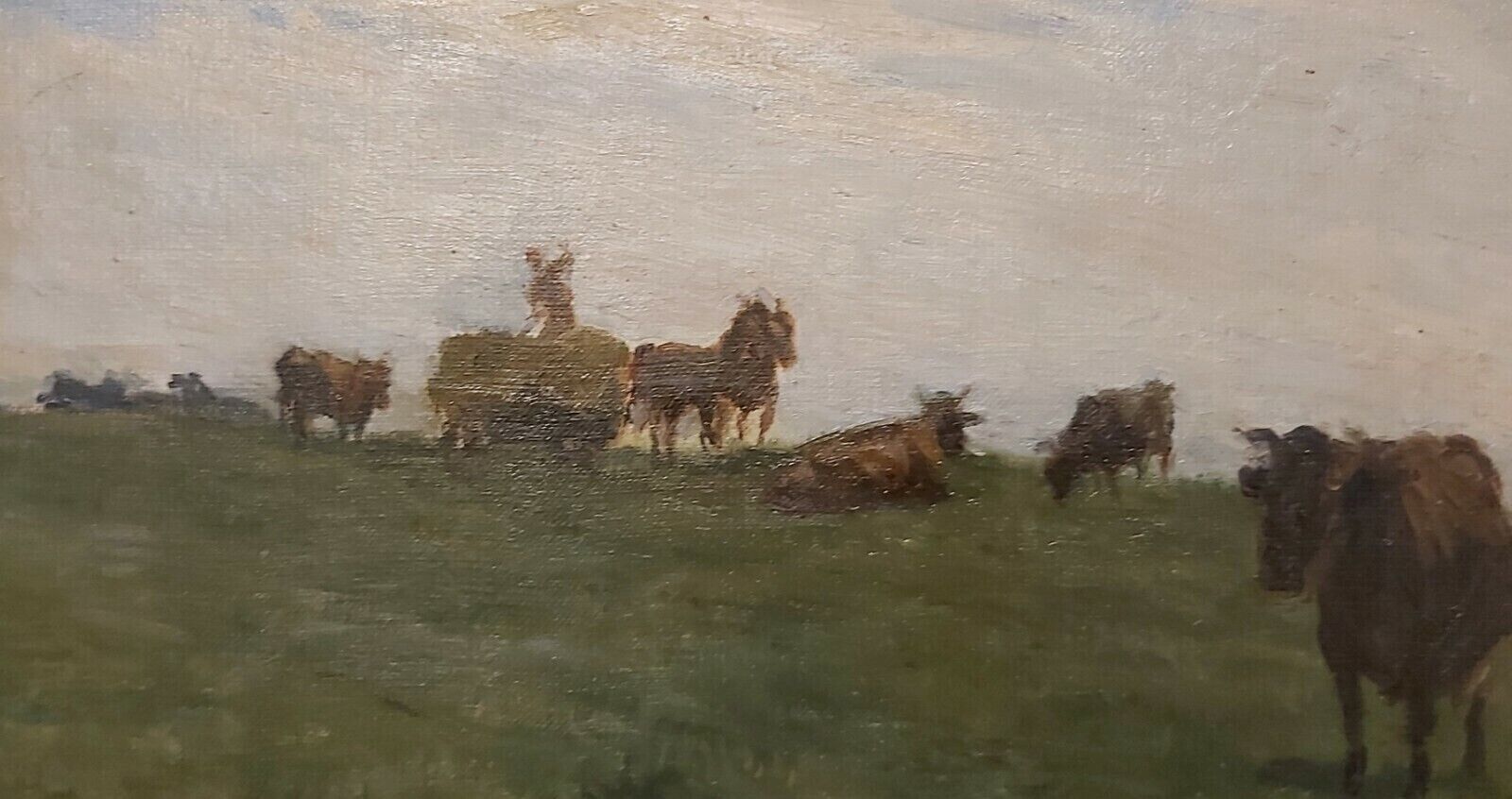 Thorvald Hansen (1878-1955): GRAZING COWS ON GREEN MEADOW FARMER HORSE CART