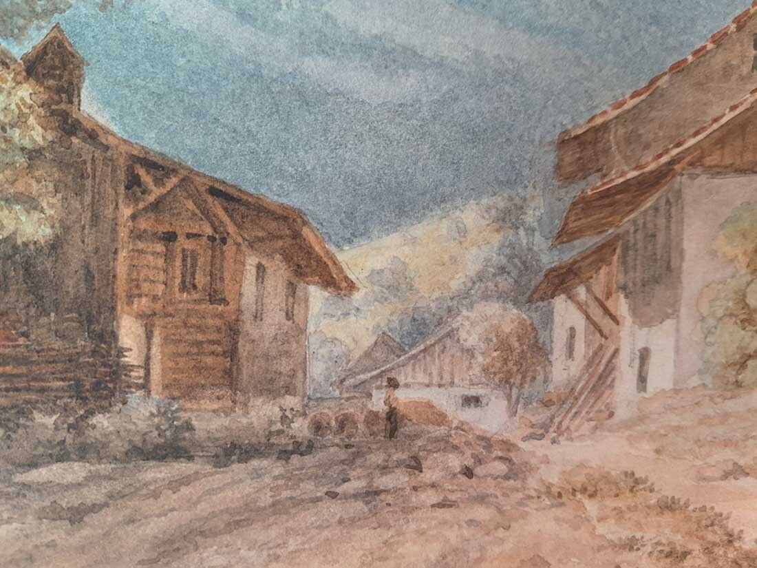 Antique watercolor Mountain village Dedication Christmas 1870 J M Thiele