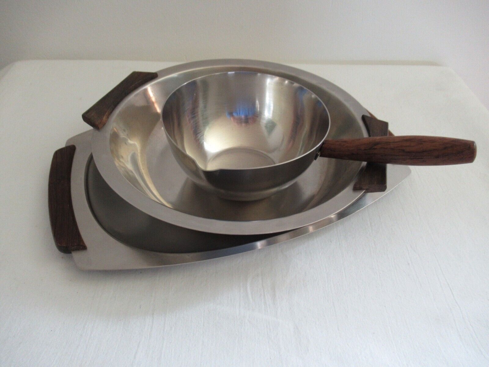 Vintage danish stainless steel serving dishes with rosewood handles