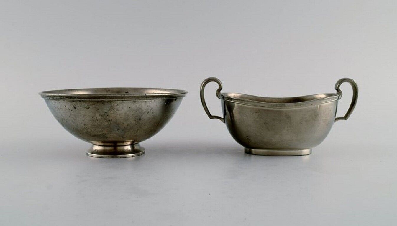 Just Andersen (1884-1943) Denmark Art Deco pewter creamer and three bowls