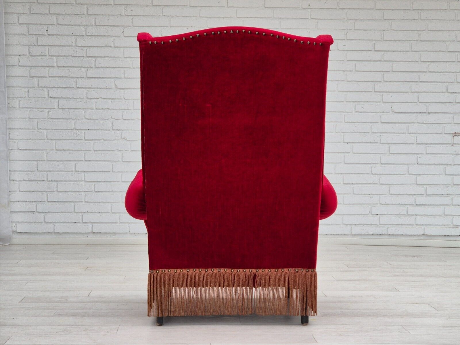 1960s Danish wingback armchair original furniture velour oak wood legs