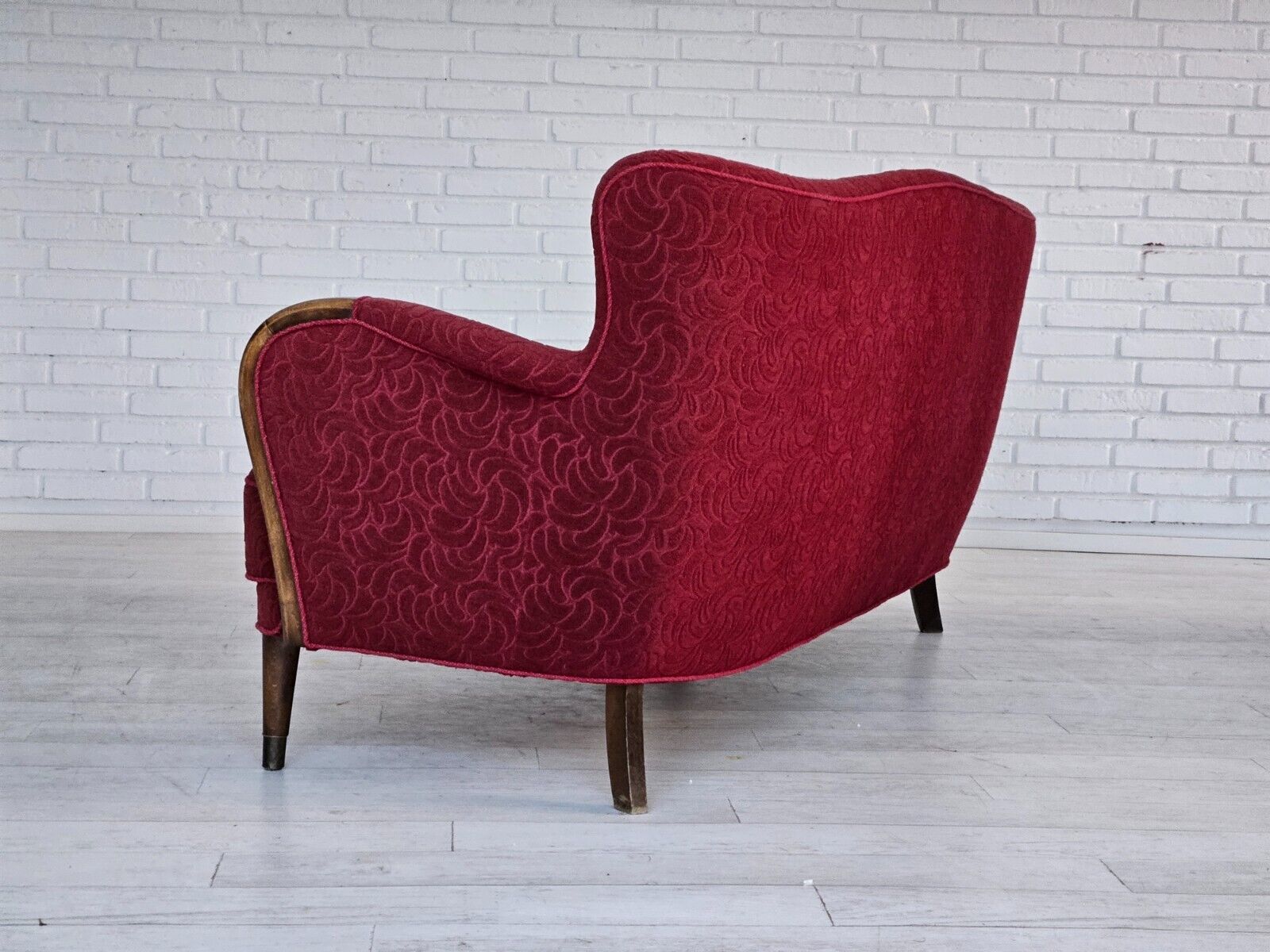 1950-60s Danish 3-seater sofa original condition red cotton/wool beech wood