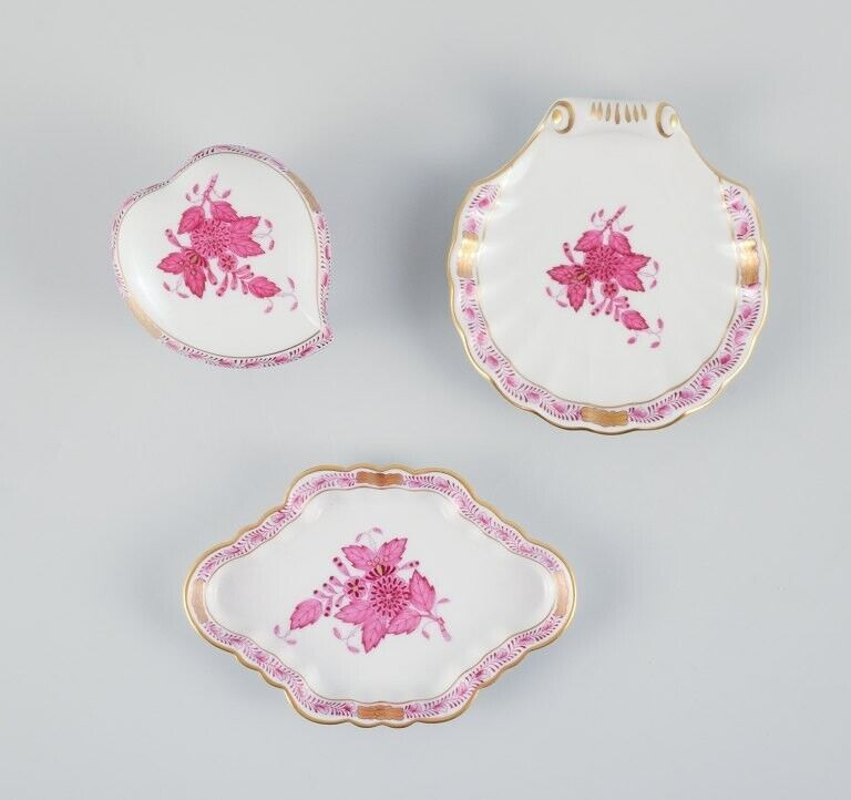 Three small Herend "Pink Indian" porcelain pieces with purple flowers