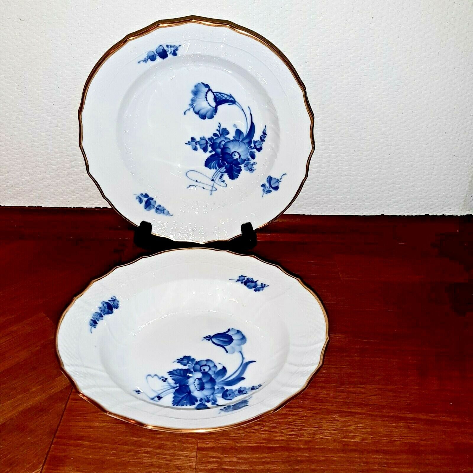 2 Soup Plates/ Bowls BLUE FLOWER Curved w Gold  # 10-1616 Royal Copenhagen 1st