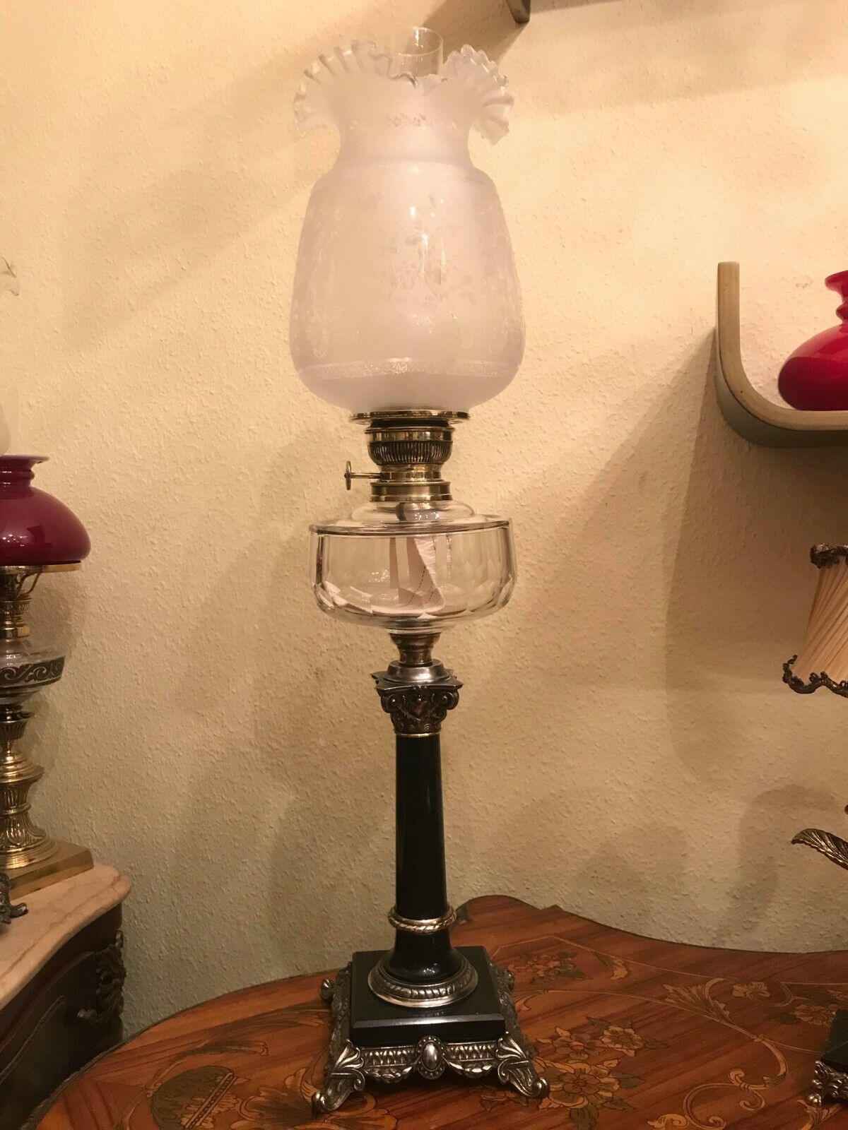 Antique German Black Marble Oil Kerosene Lamp
