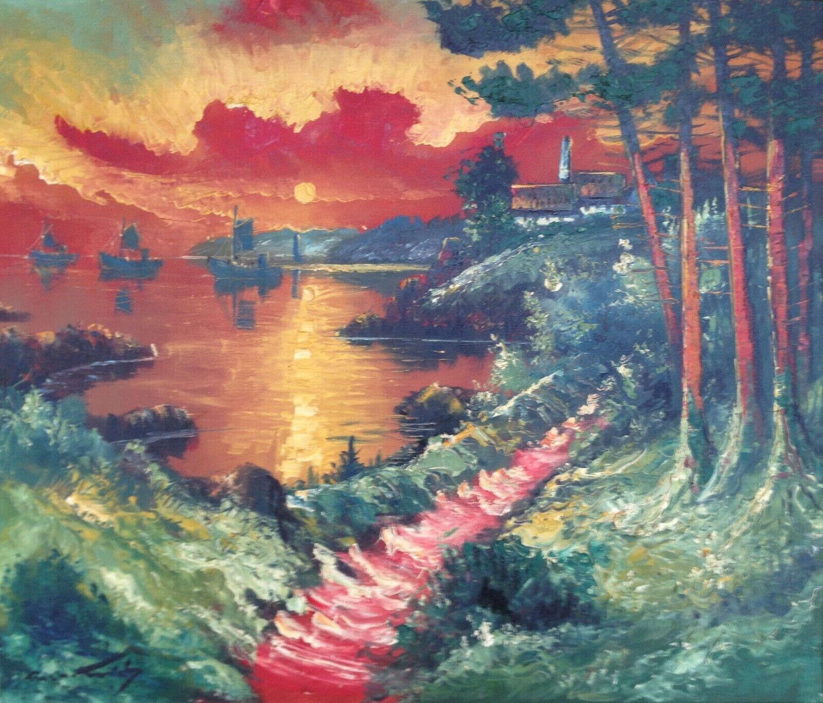 FISHING BOATS SAILING IN RED SUNLIGHT Original oil painting