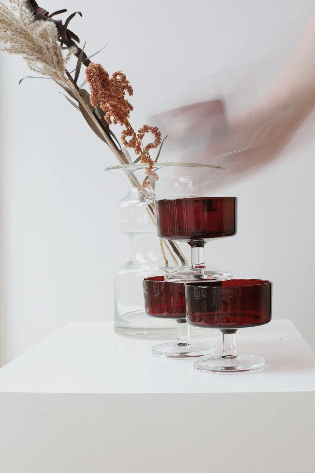 Set of 4 70s Red Crystal Vintage glasses for Cocktails Champagne ruby glass