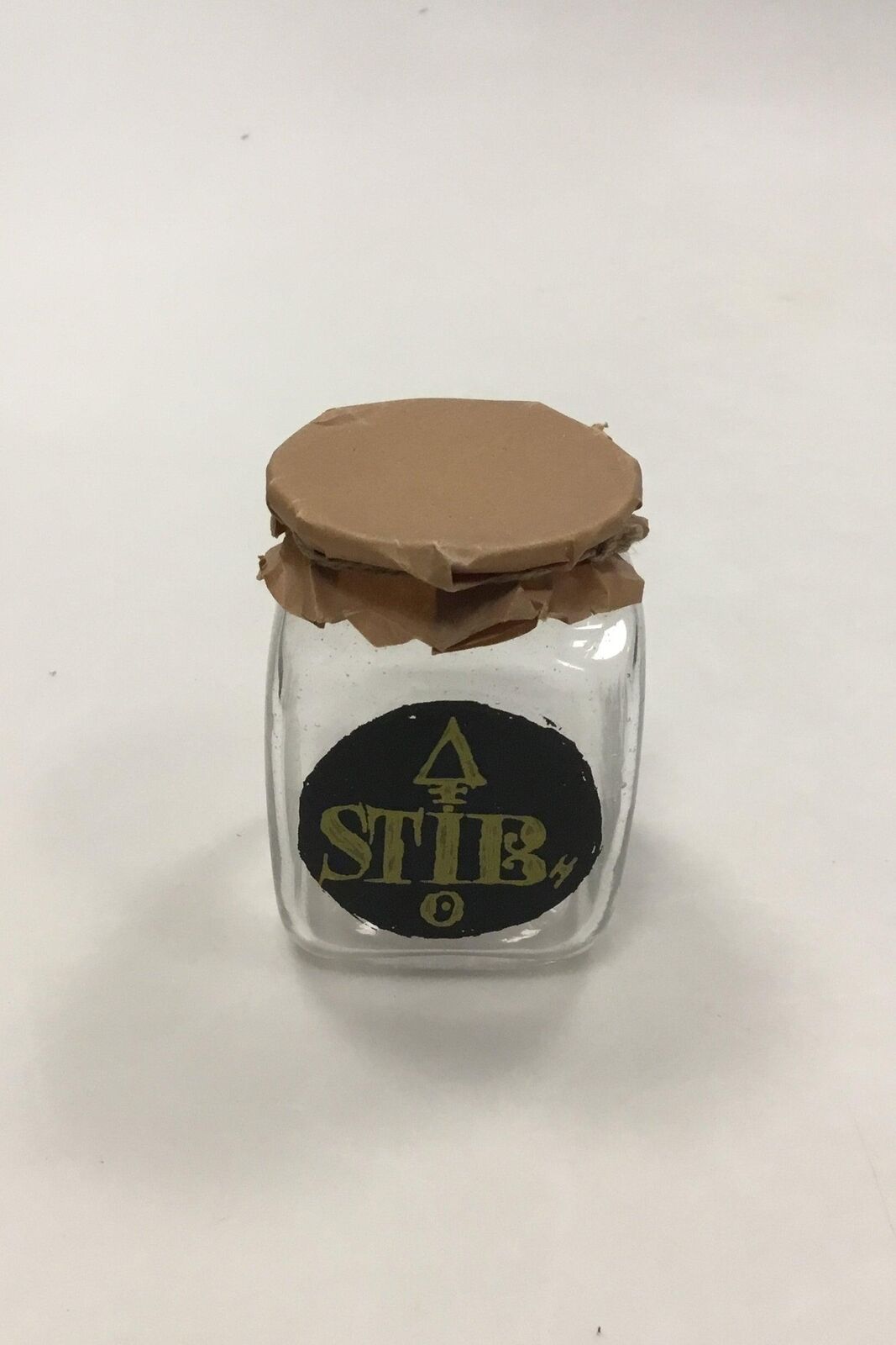 Holmegaard pharmacy jar with text STIB from 1992