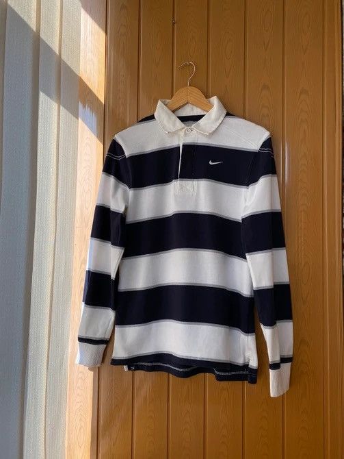 Vintage Nike Athletic Dept Striped Polo Rufby Sweatshirt in Blue, Men's (Size Small)