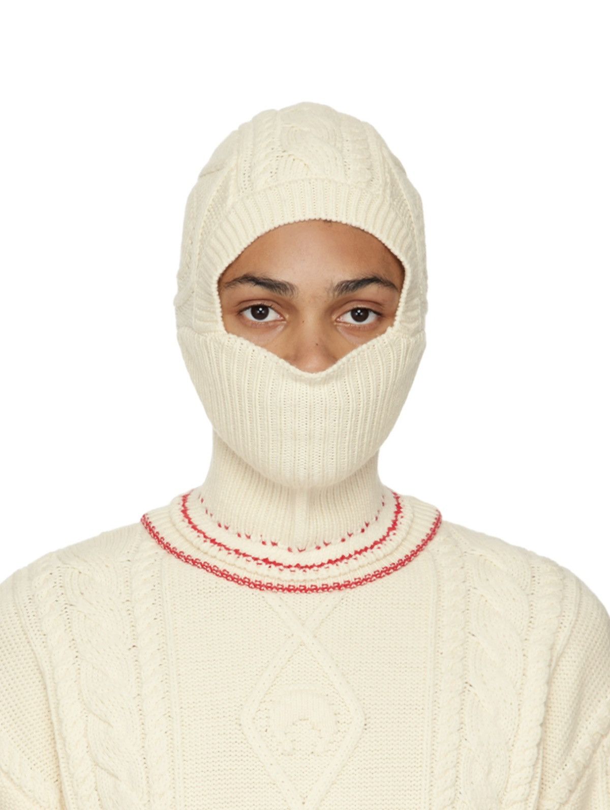 Marine Serre Off-White Cable Knit Balaclava in Beige, Men's