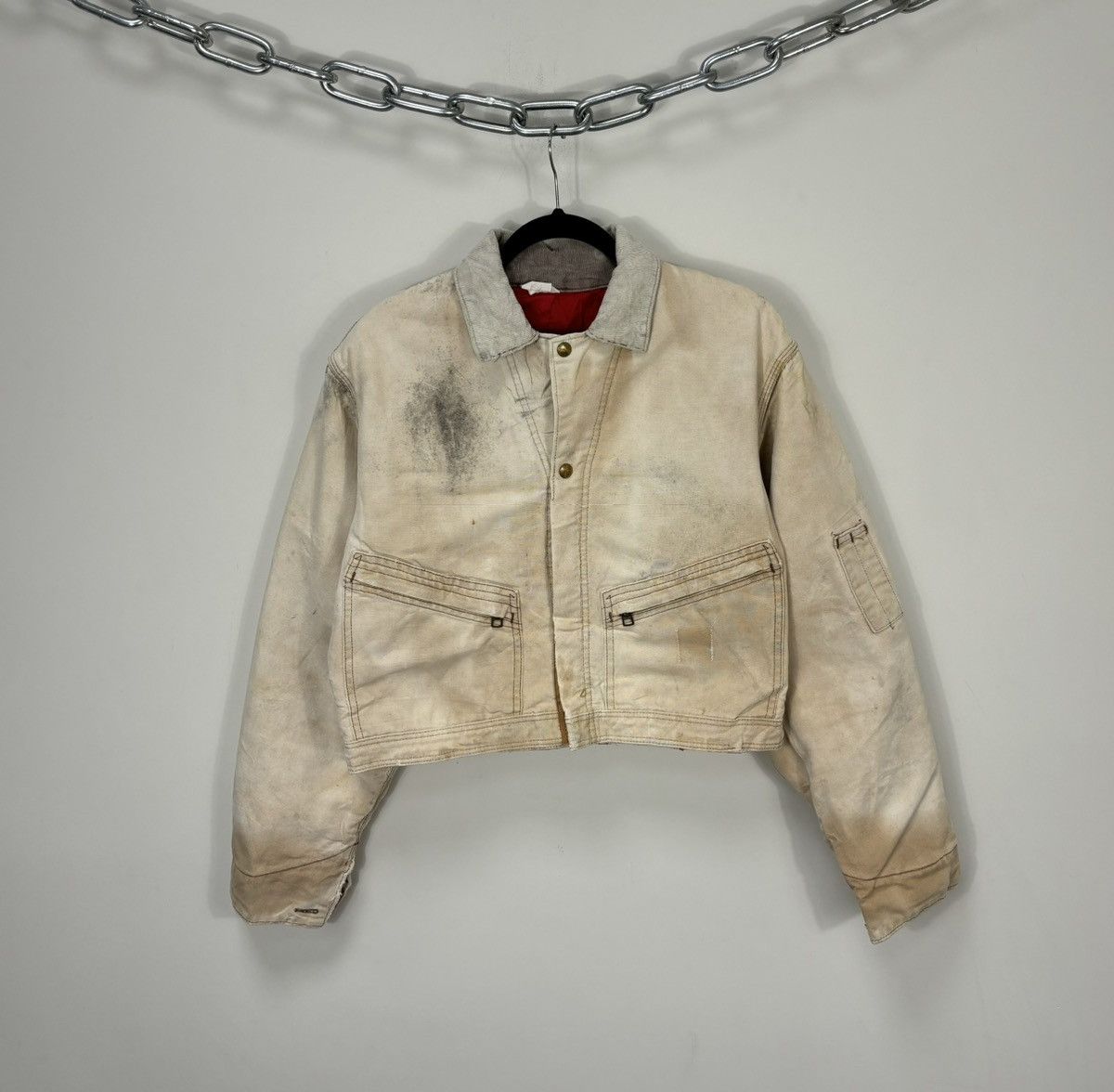 Vintage 80's Carhartt Usa Faded Work Cropped Detroit Jacket in Beige, Men's (Size Medium)