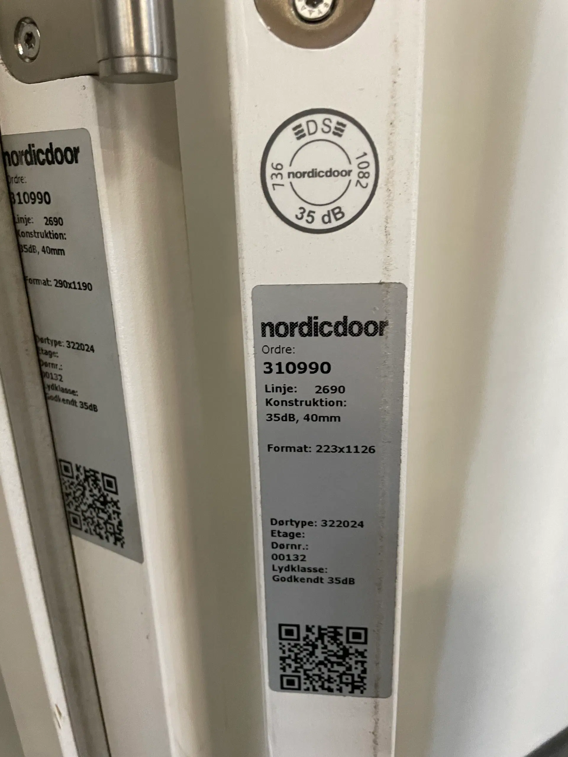 Nordicdoor lyd skunklem db35 træ 290x1190mm højrehængt hvid