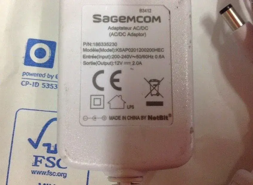 SagemCom AC/DC Adapter KSAP0201200200HEC 12V 2A