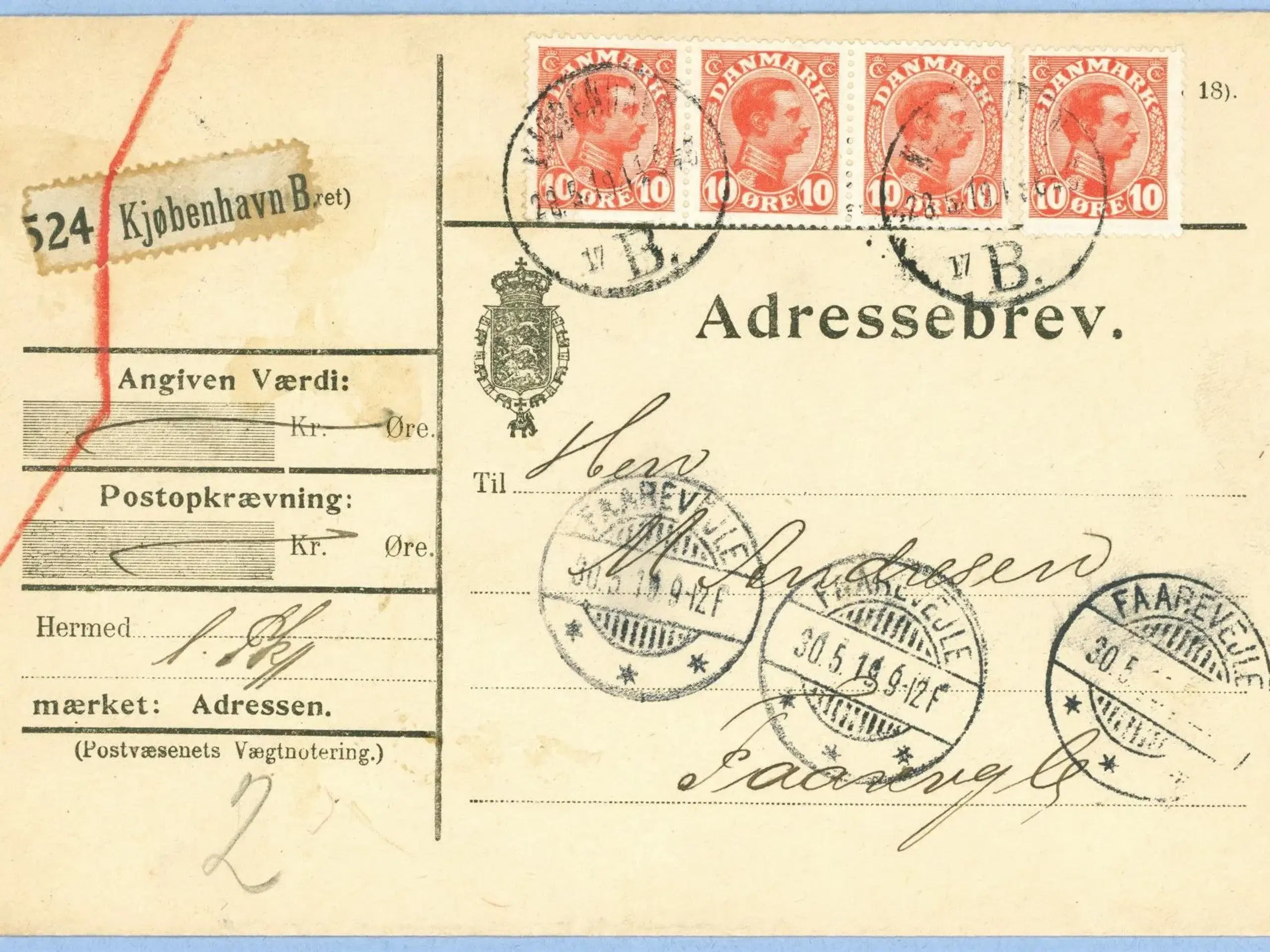 Adressebrev til Faarevejle 1919