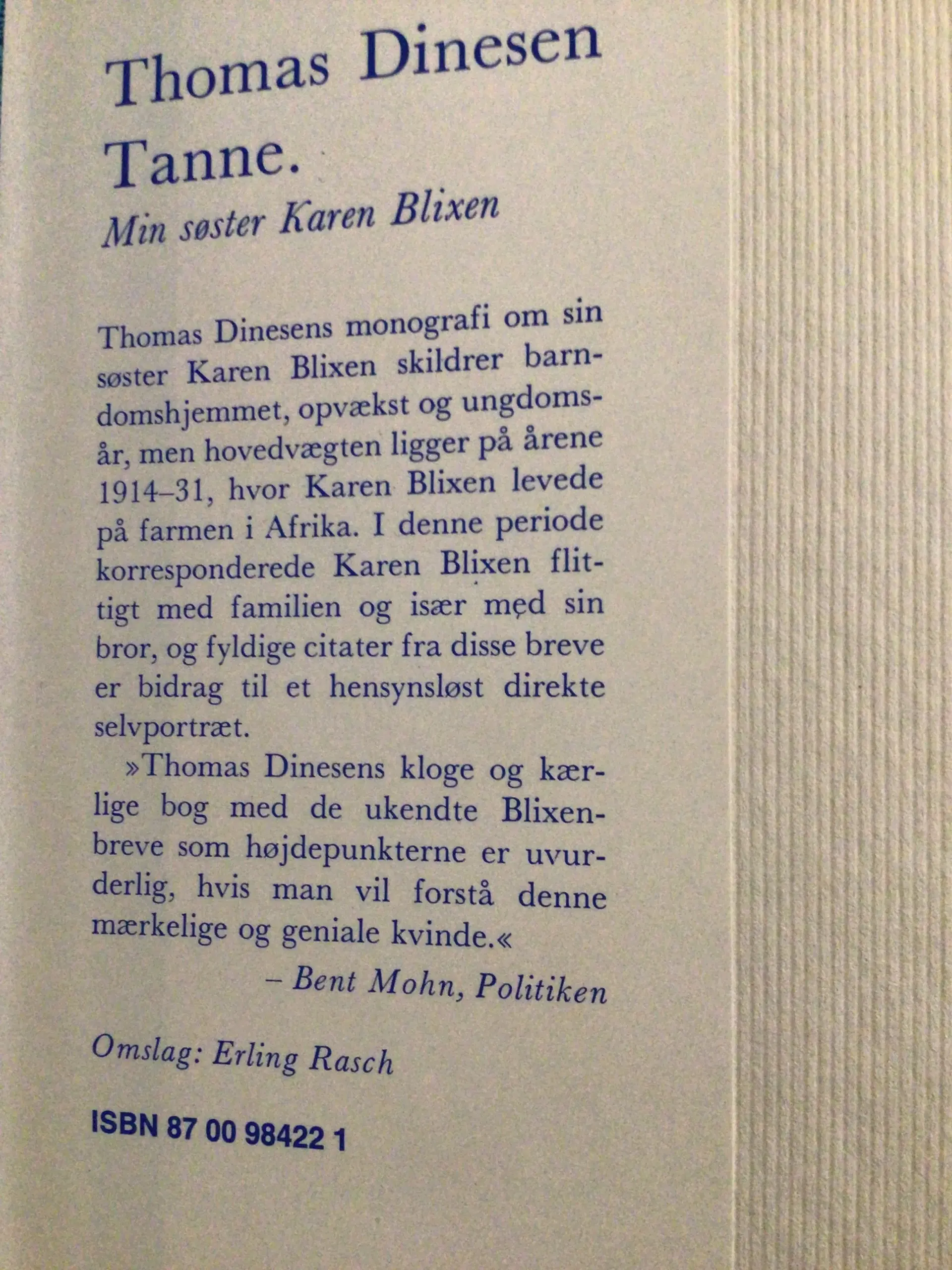 Thomas Dinesen: Tanne - min søster Karen Blixen