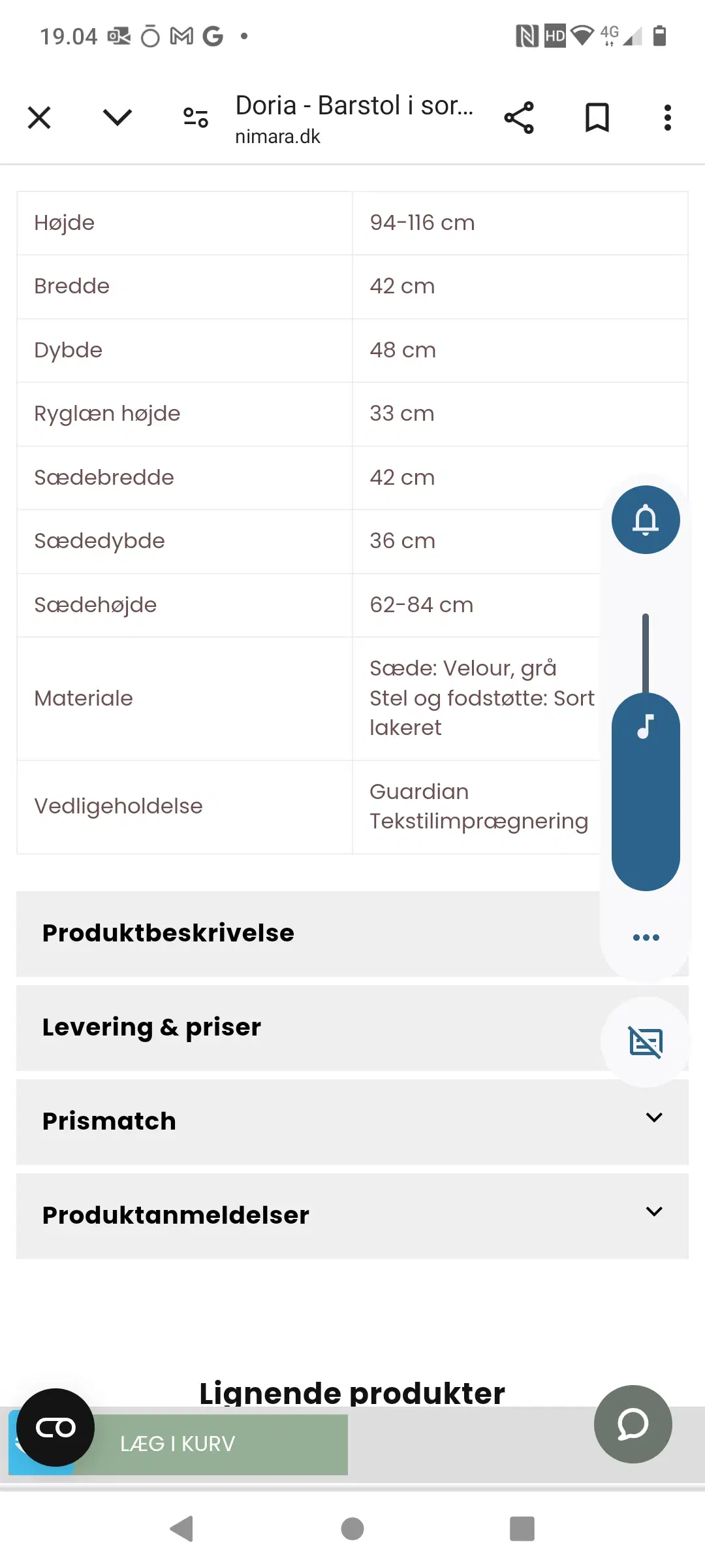 4 stk sorte barstole fra Nimara - fejlkøb