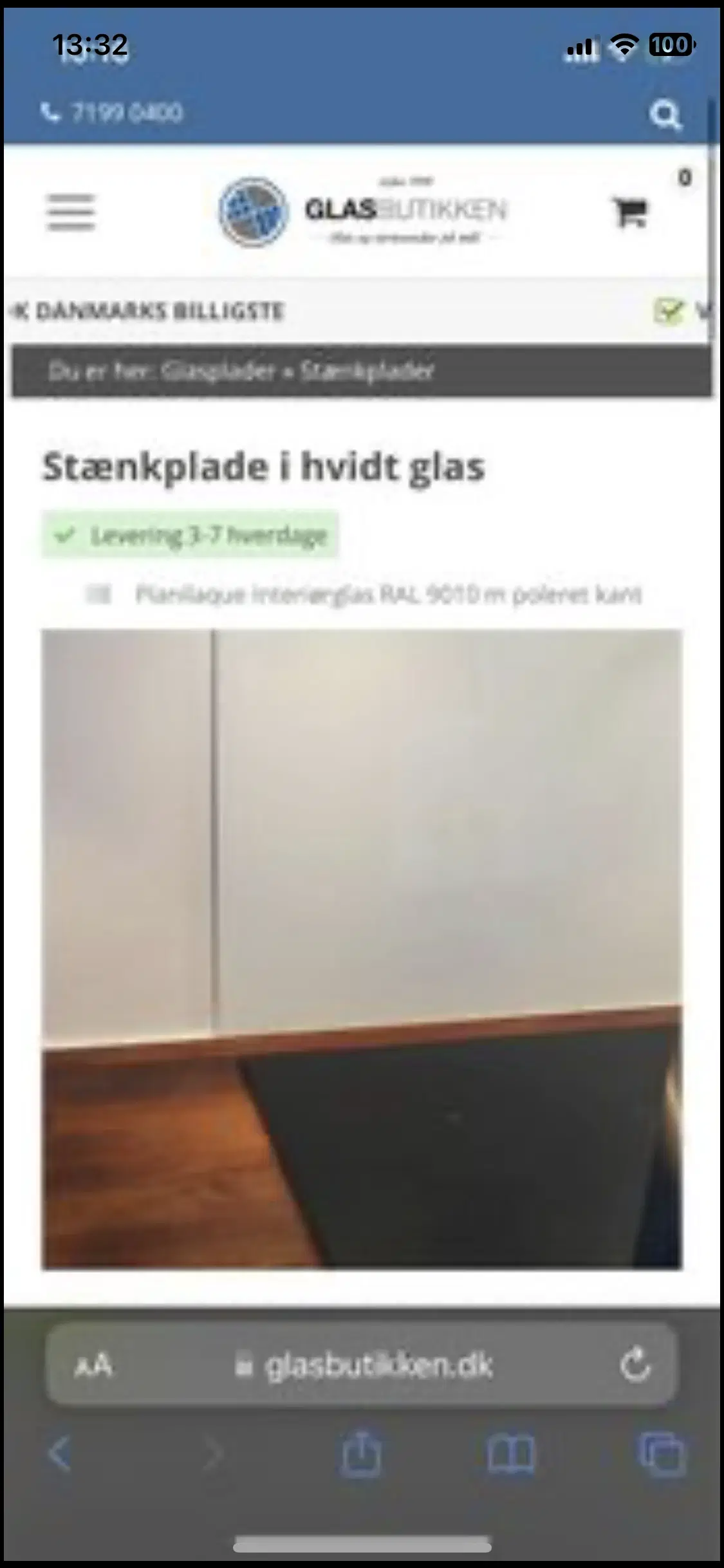 Stænkplade; 139x488 Hvidt glas