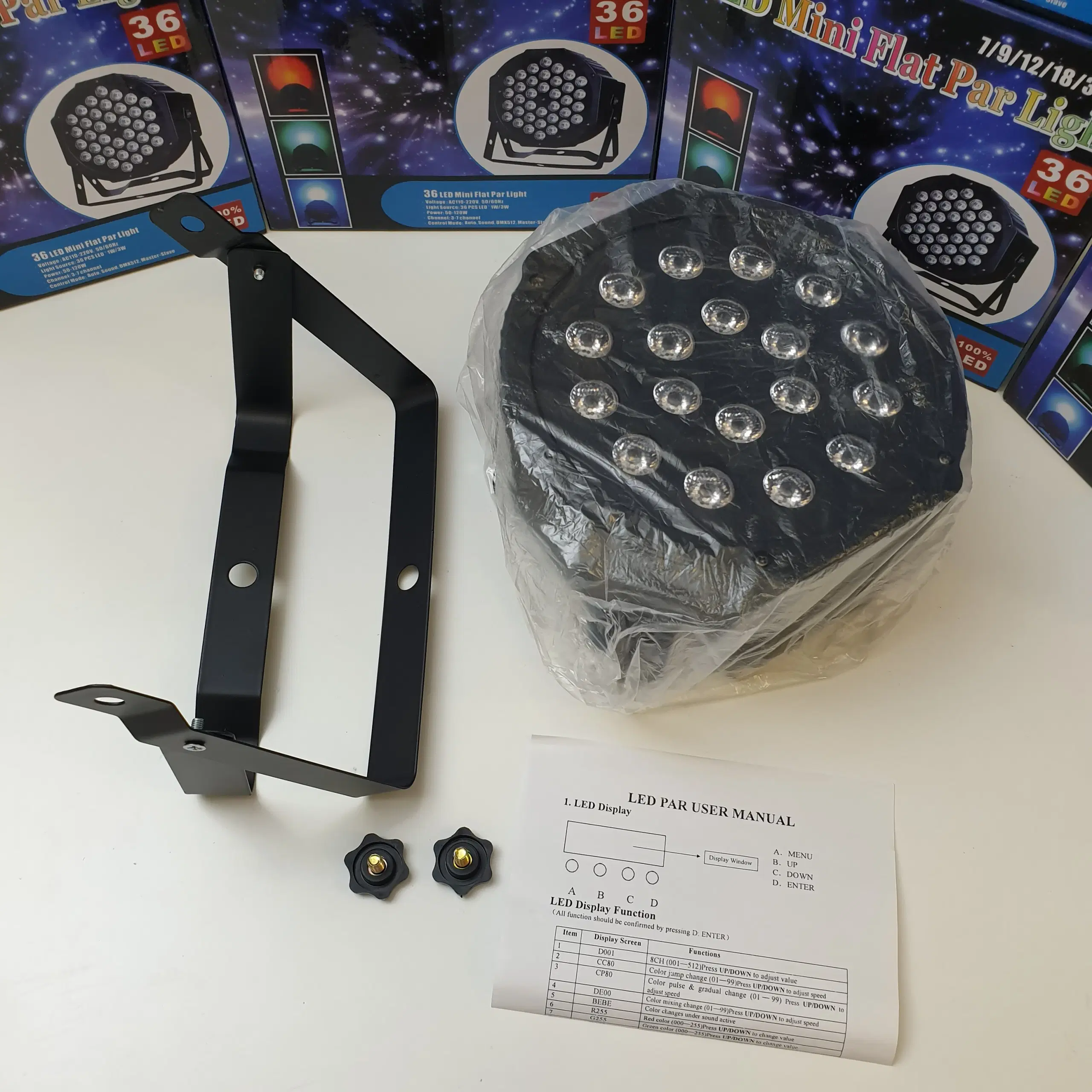 NY! 18 RGB LED Diskolys + Lydsensor DMX512 In/Out