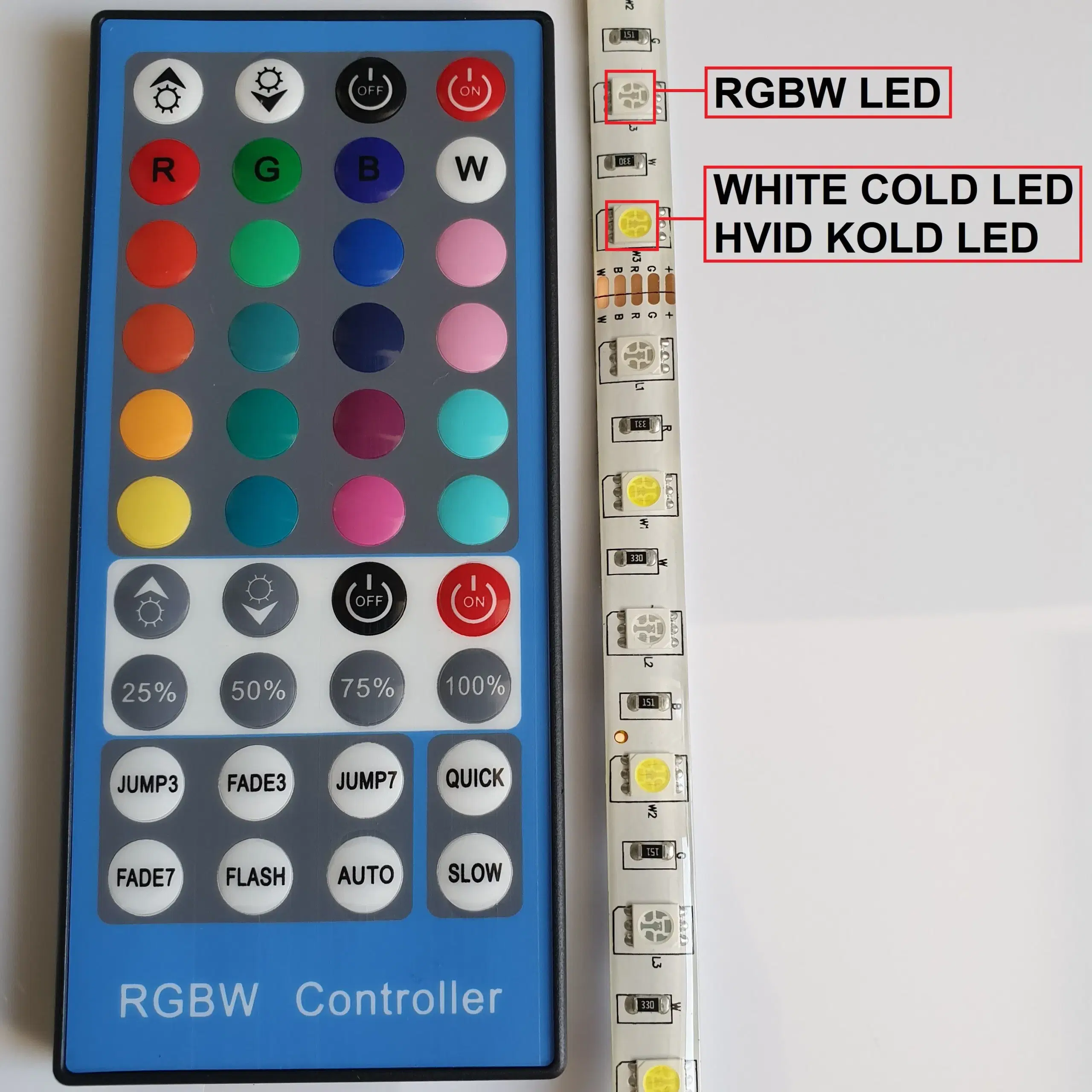 5m LED RGBW+W (Hvhd Kold) + Fjernbetjening