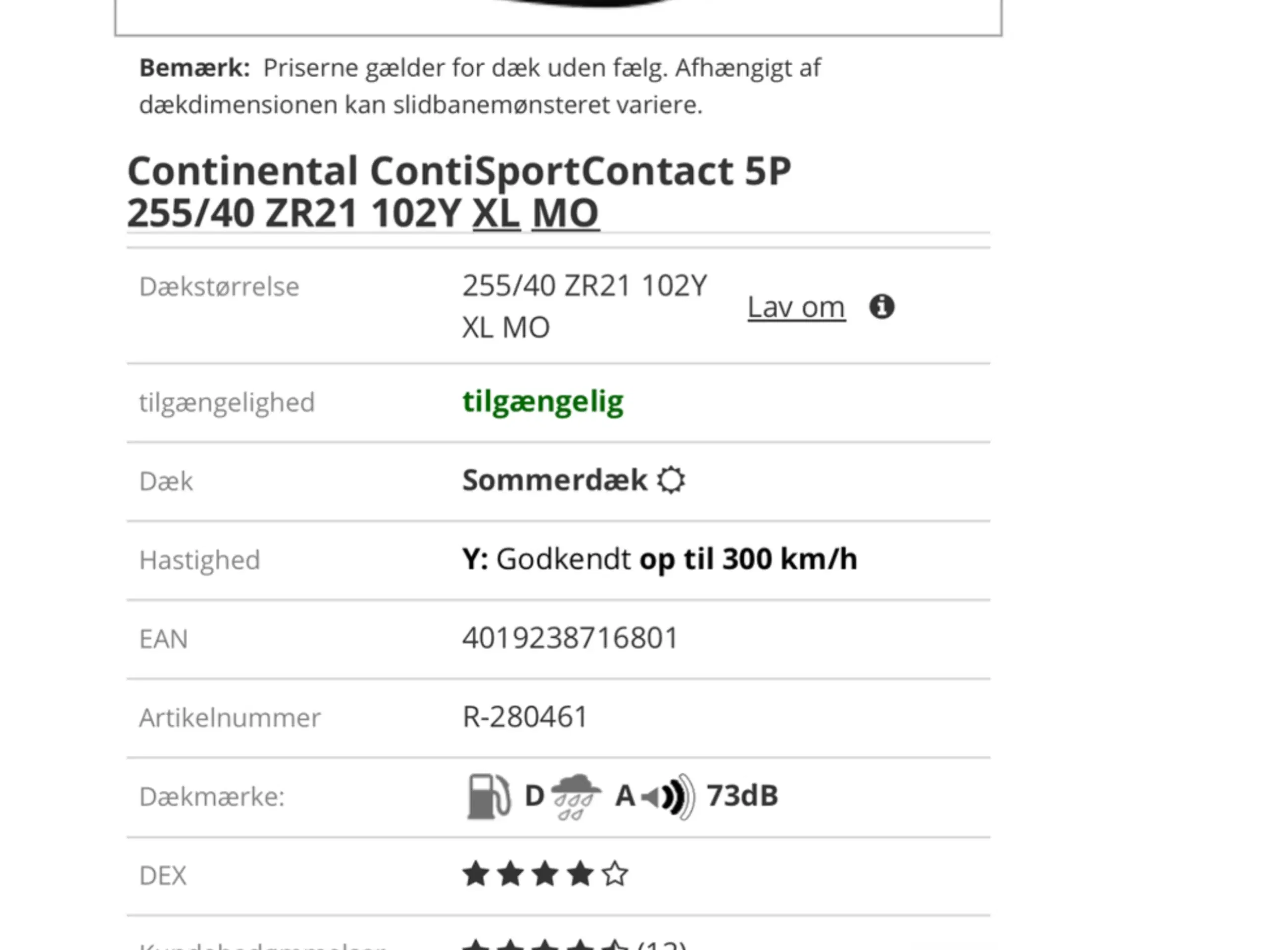 SommerdækContinental 255 / 40 / R21 90% mønster