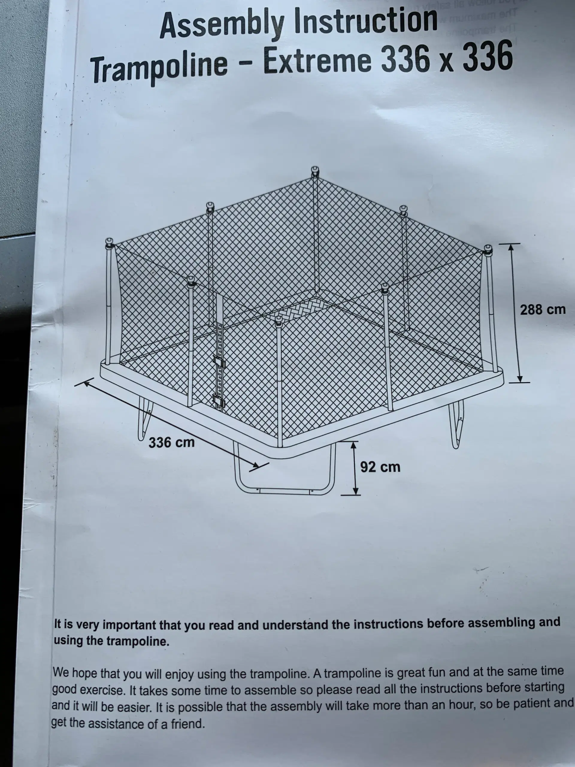 Trampolin firkantet med tyk stel og sikkerhedsnet