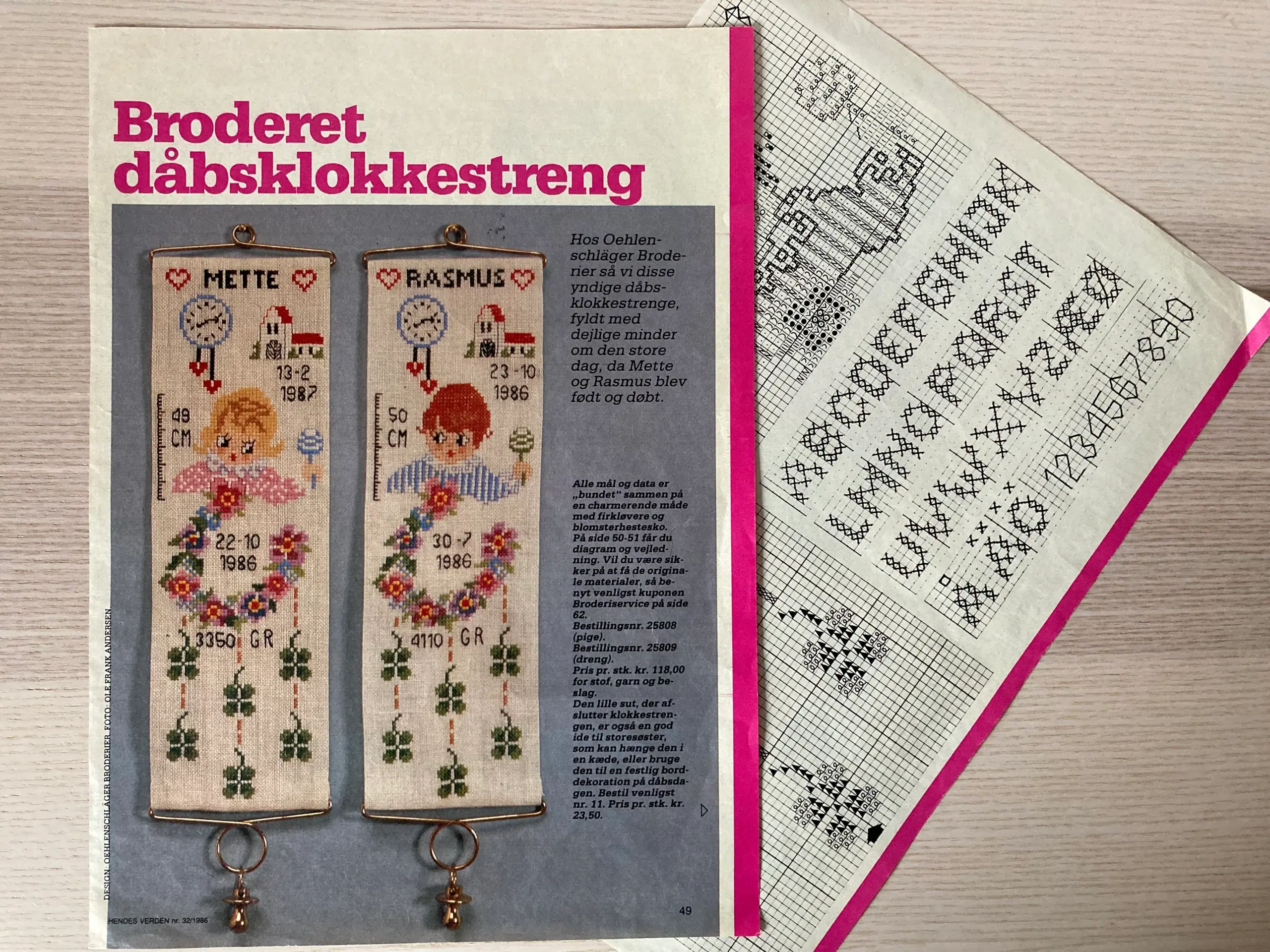 Broderimønster: Fødsel/dåb dreng/pige klokkestreng