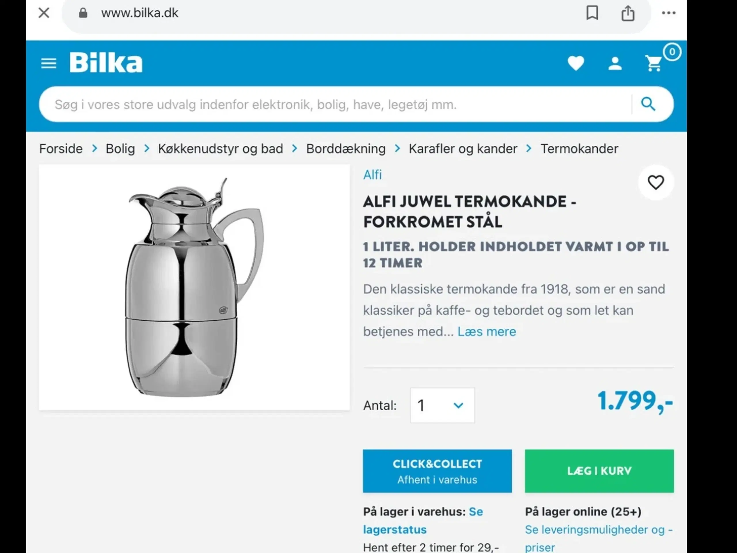 Alfi termokande. Blank sølv. 1 liter.