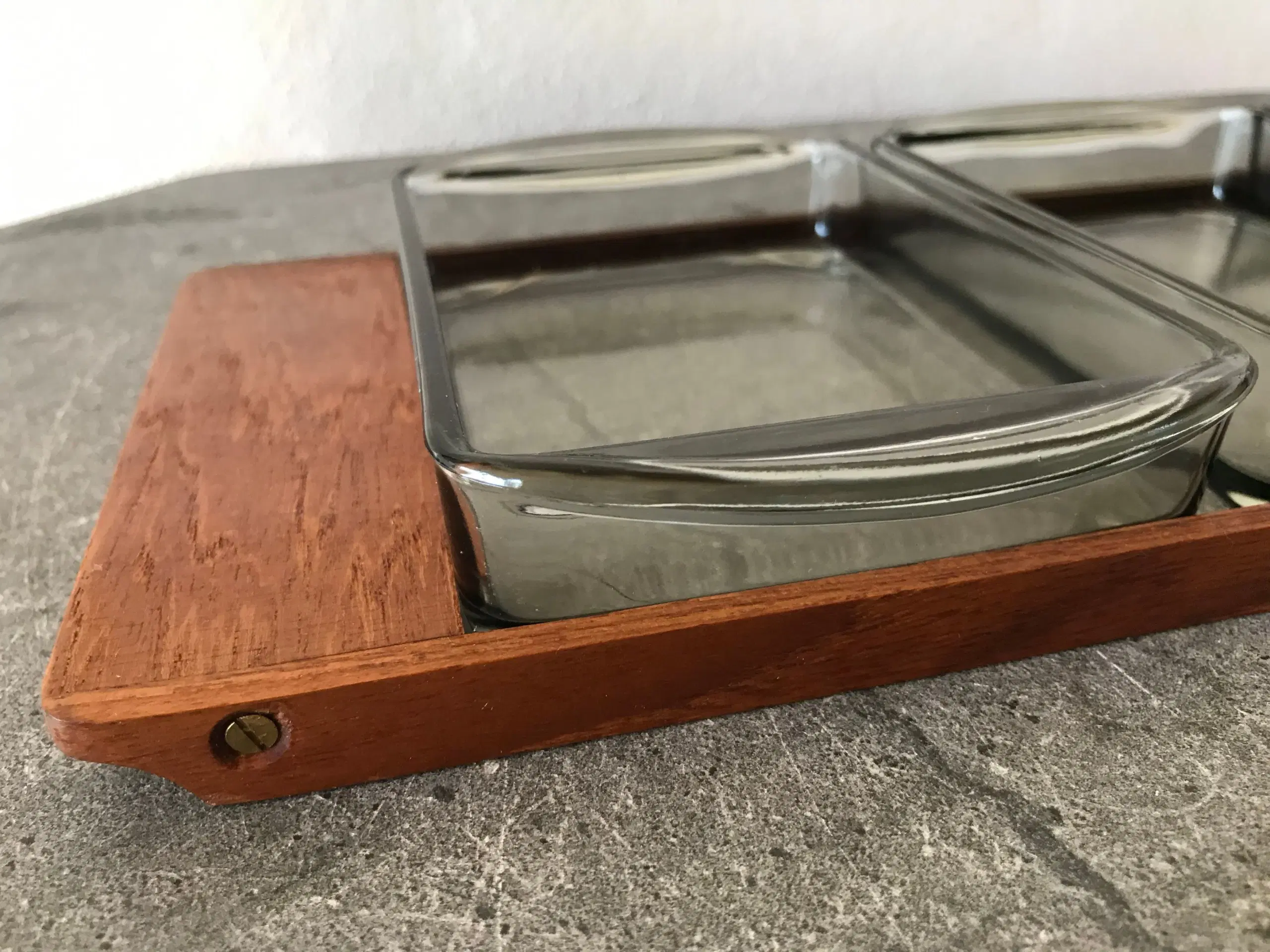 Teak fad / cabaretfad med glasindsatser (retro)