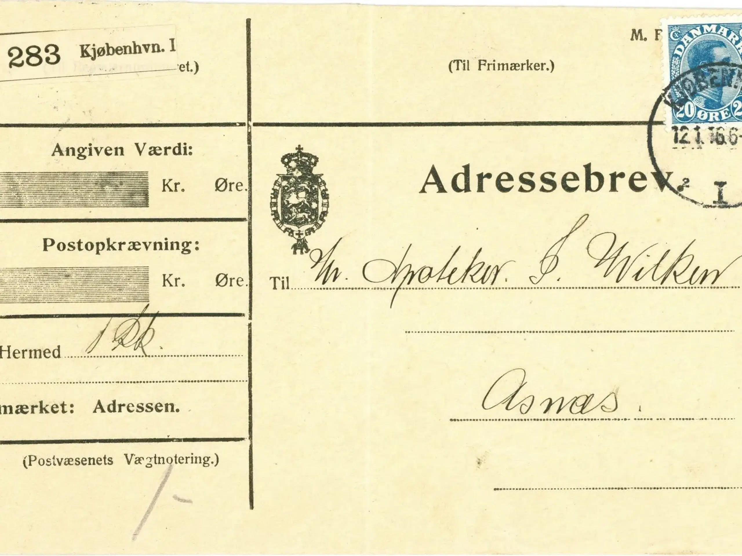 Adressebrev til apoteker Wilken Asnæs 1916