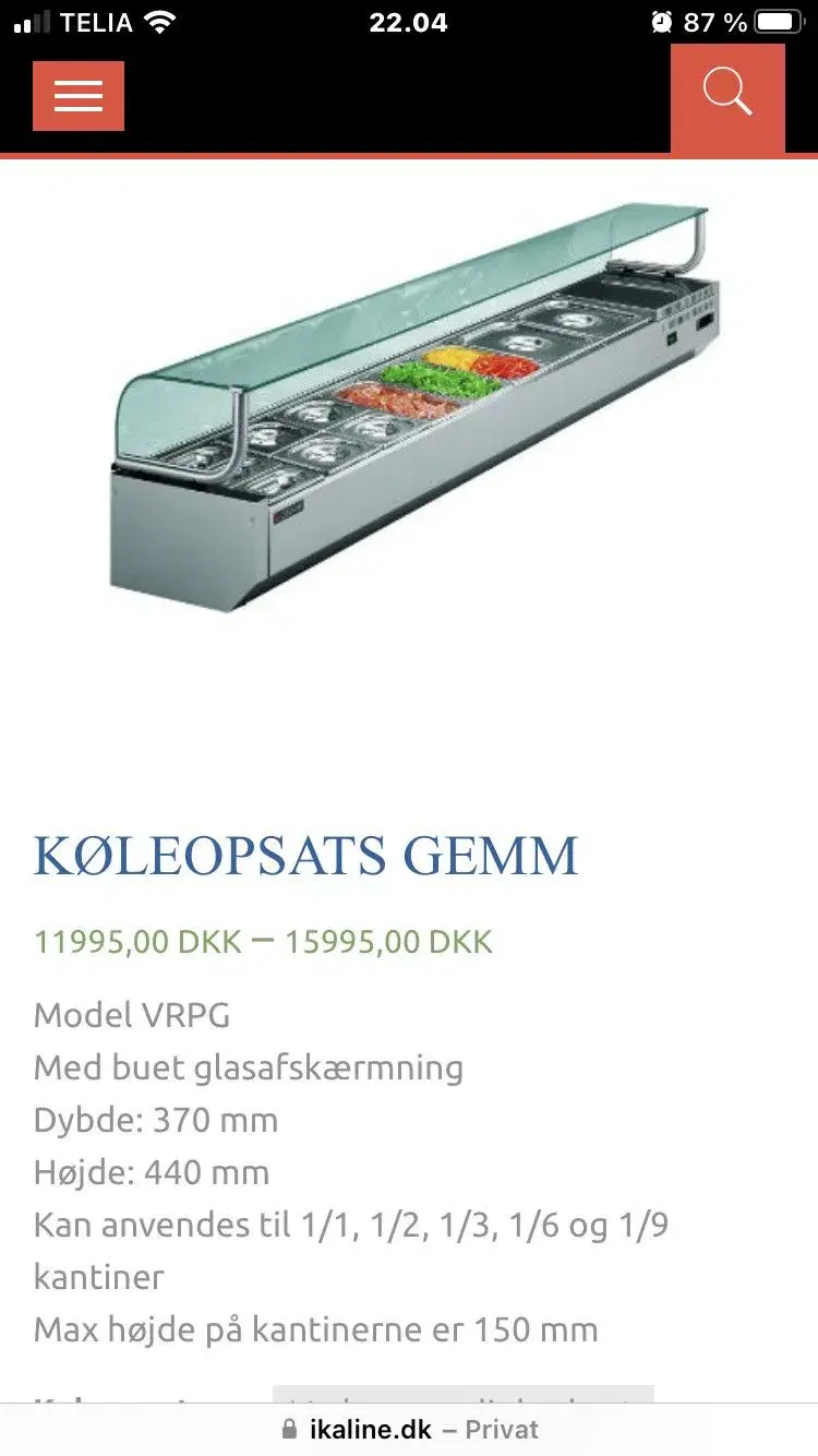 Kølevitrine m/kompressor og glasopsats