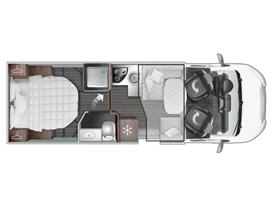 2024 - Rollerteam Kronos 265TL   Højdejusterbar fritstående dobbeltseng i bag og el-seng under loftet over siddegruppen - 5 S selepladser