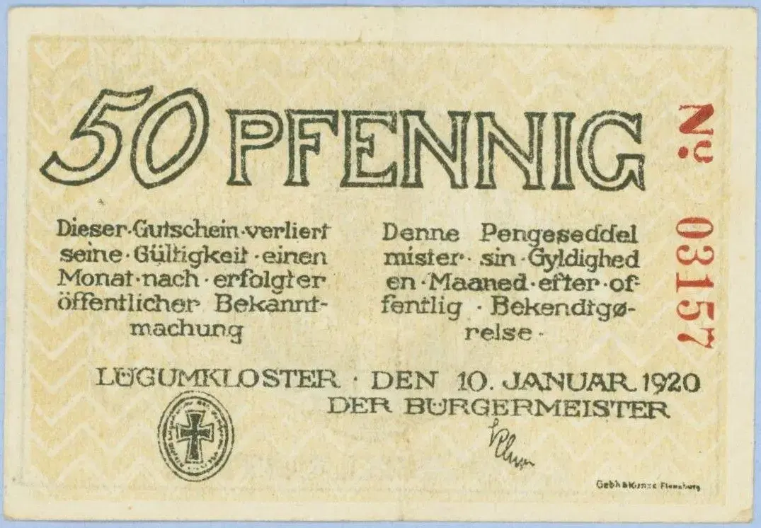 Løgumkloster Nødpengeseddel 1920