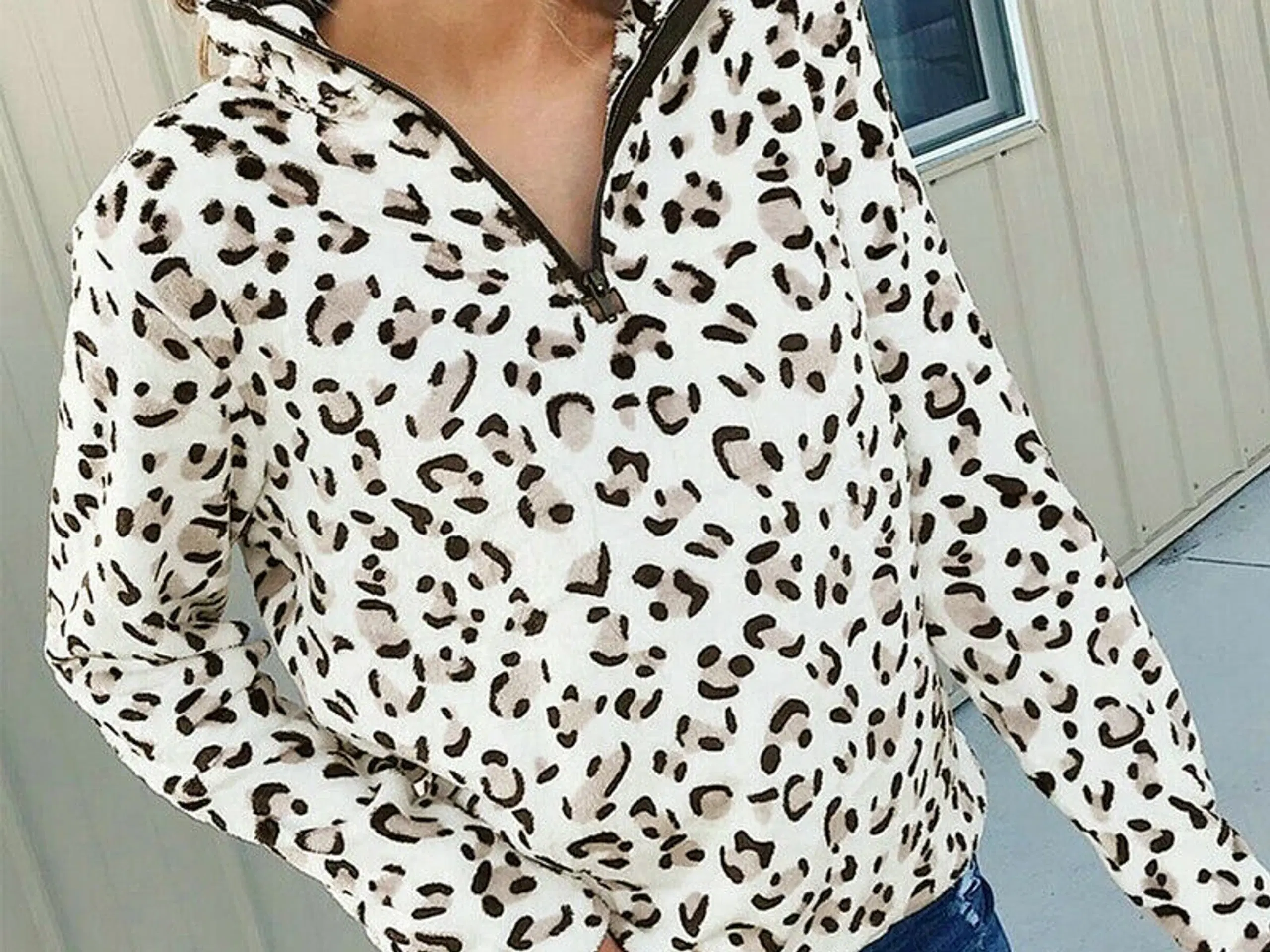 Leopard printet Fleease Trøje m lynlås/LXL